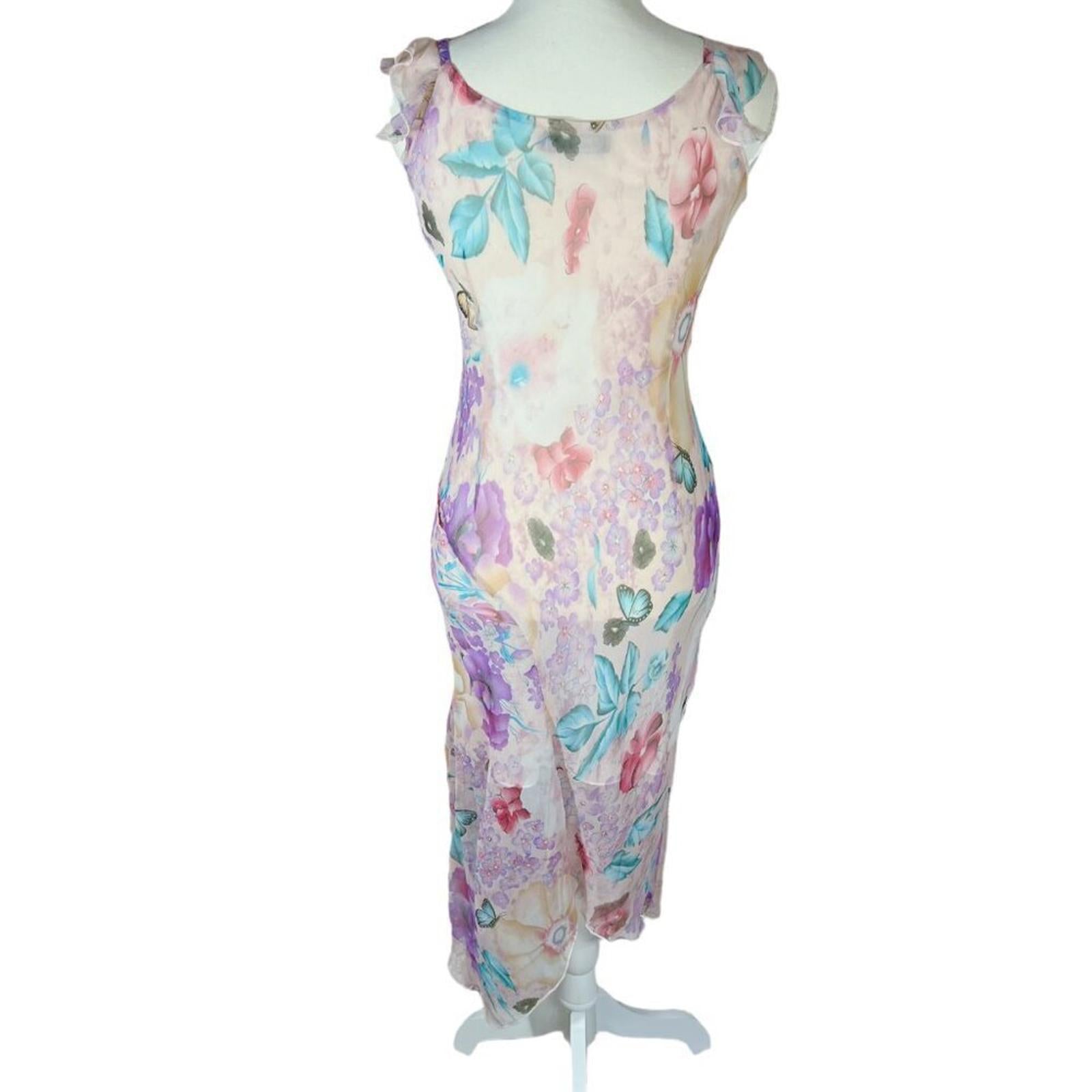 y2k Vintage Yubeier Butterfly Pink Chiffon Asymmetrical Dress Sequins Size M