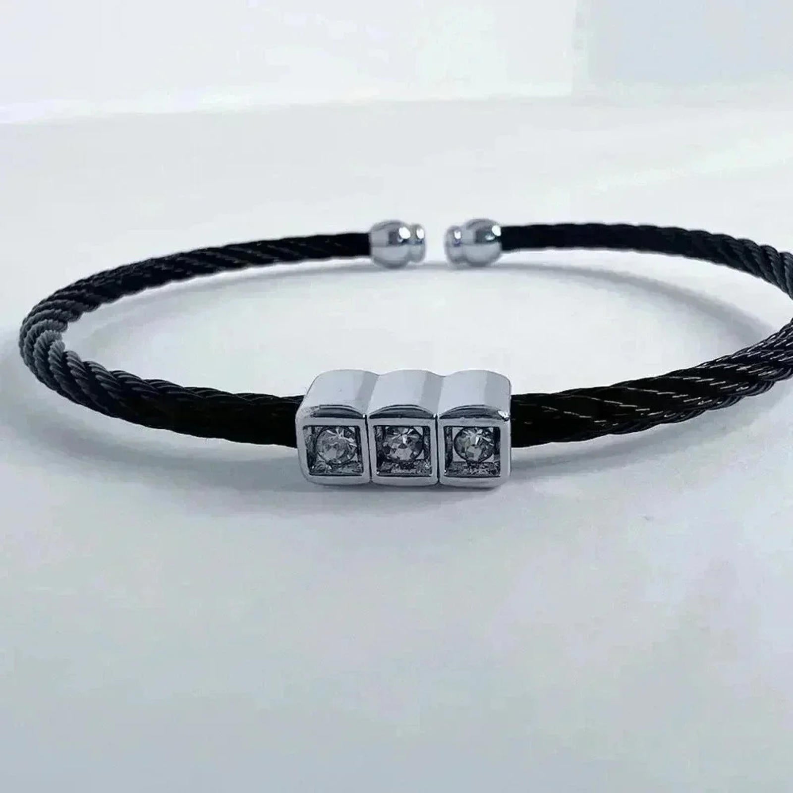 Black Braided Bracelet Rhinestone Bead Adjustable