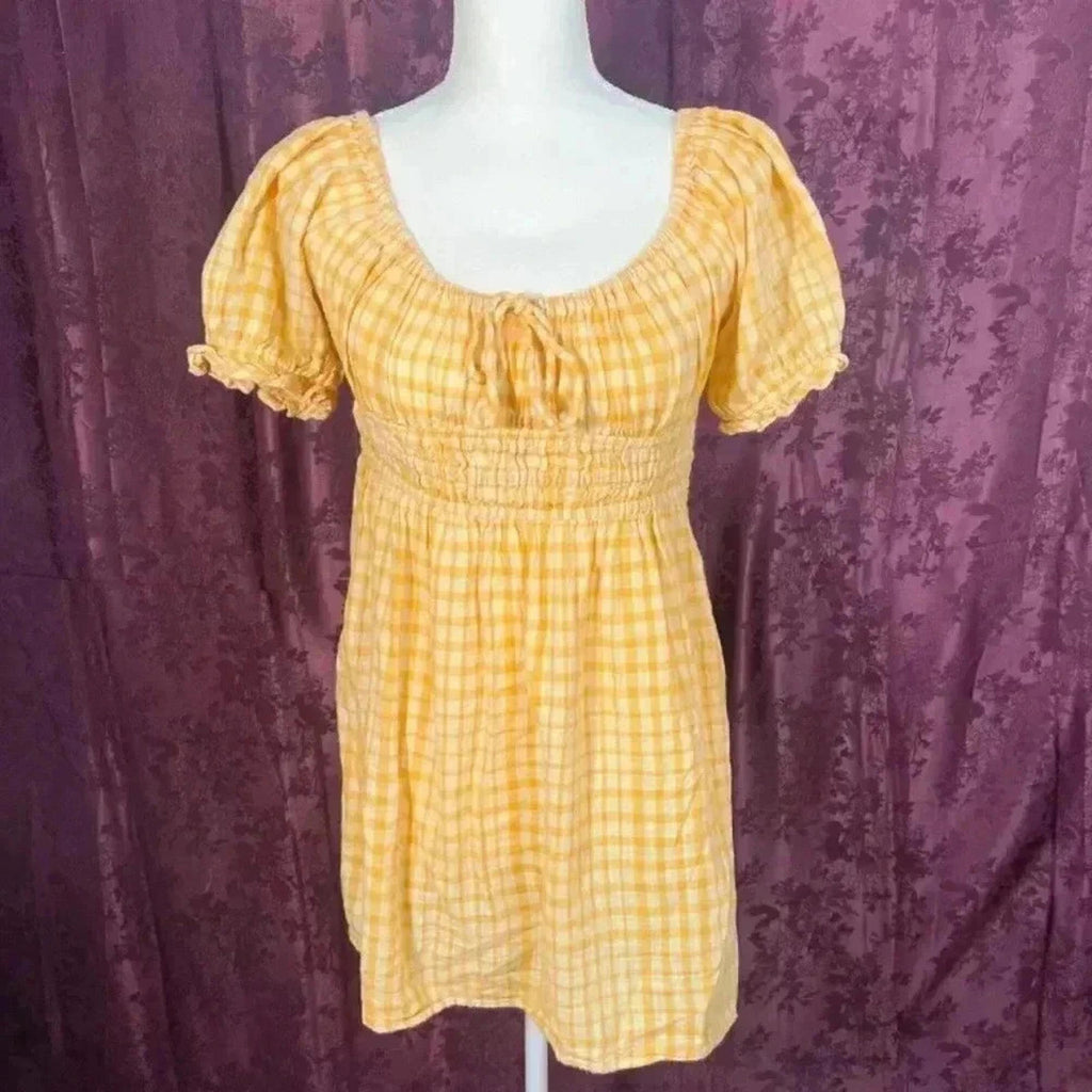 Urban Outfitters Womens Milkmaid Dress Puff Sleeves Yellow Plaid Gingham Size M