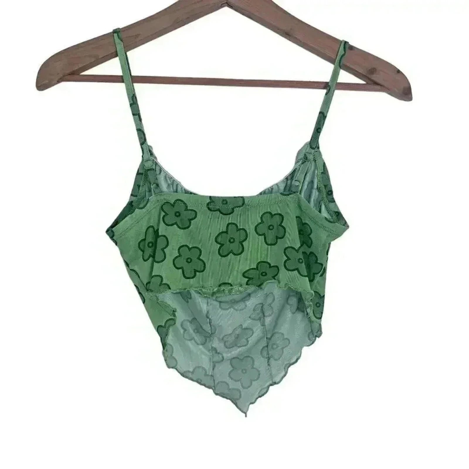 ❤️ 3/$15 Shein Green Floral Mesh Triangle Tank Top Rave Festival Womens' Size M