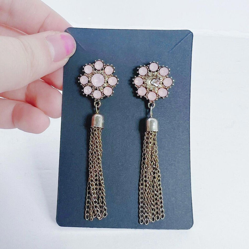 Pink Flower Earrings Gold Tassel Dangling Boho Chic