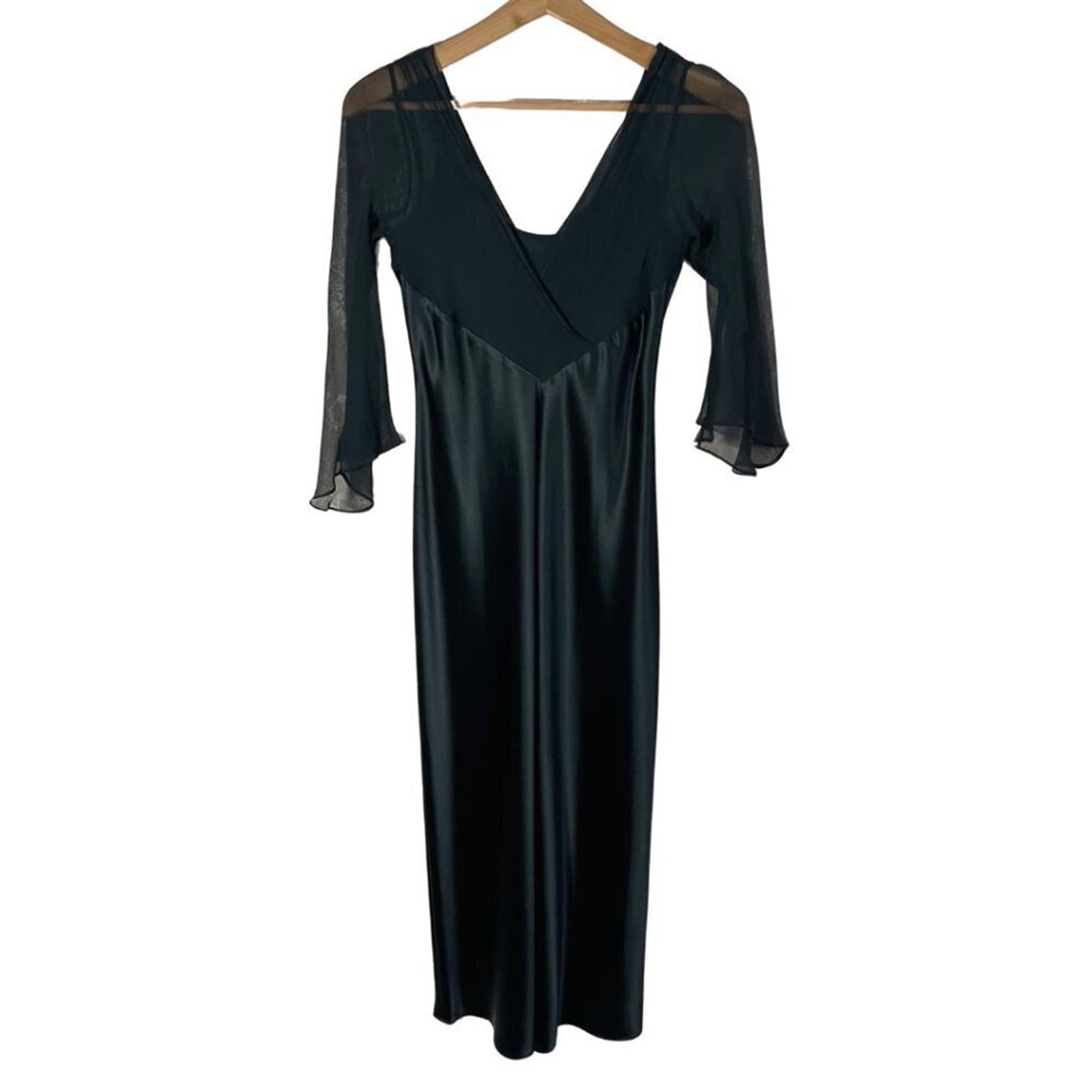 Vintage 90s Jones New York Black Satin Chiffon Sleeves Elegant Gown Dress Size 6