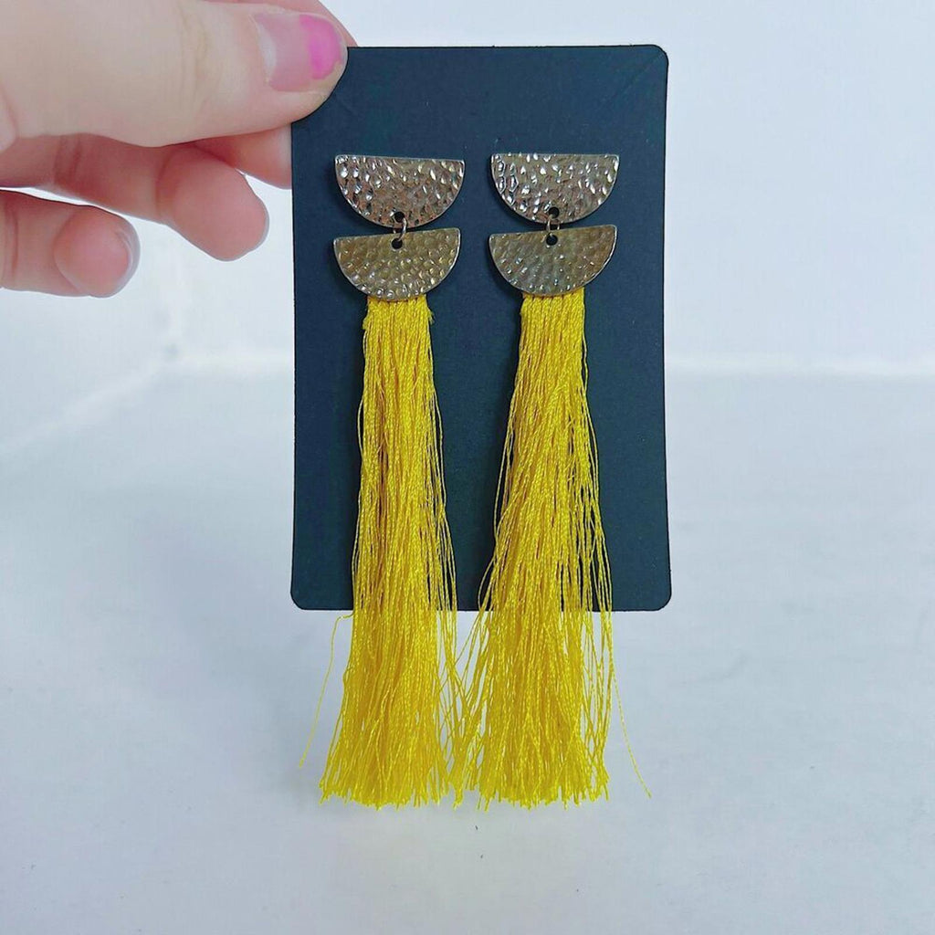 Yellow Tassel Earrings Gold Accents Boho Chic Bohemian