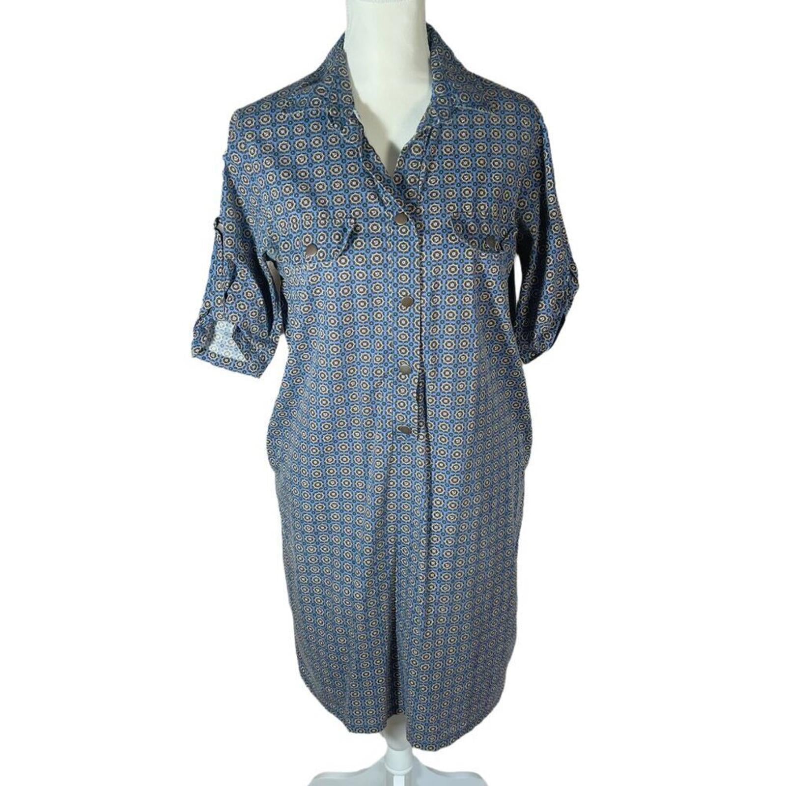 Vintage Geometric Print Button Up Dress With Collar Women's Size 10 US