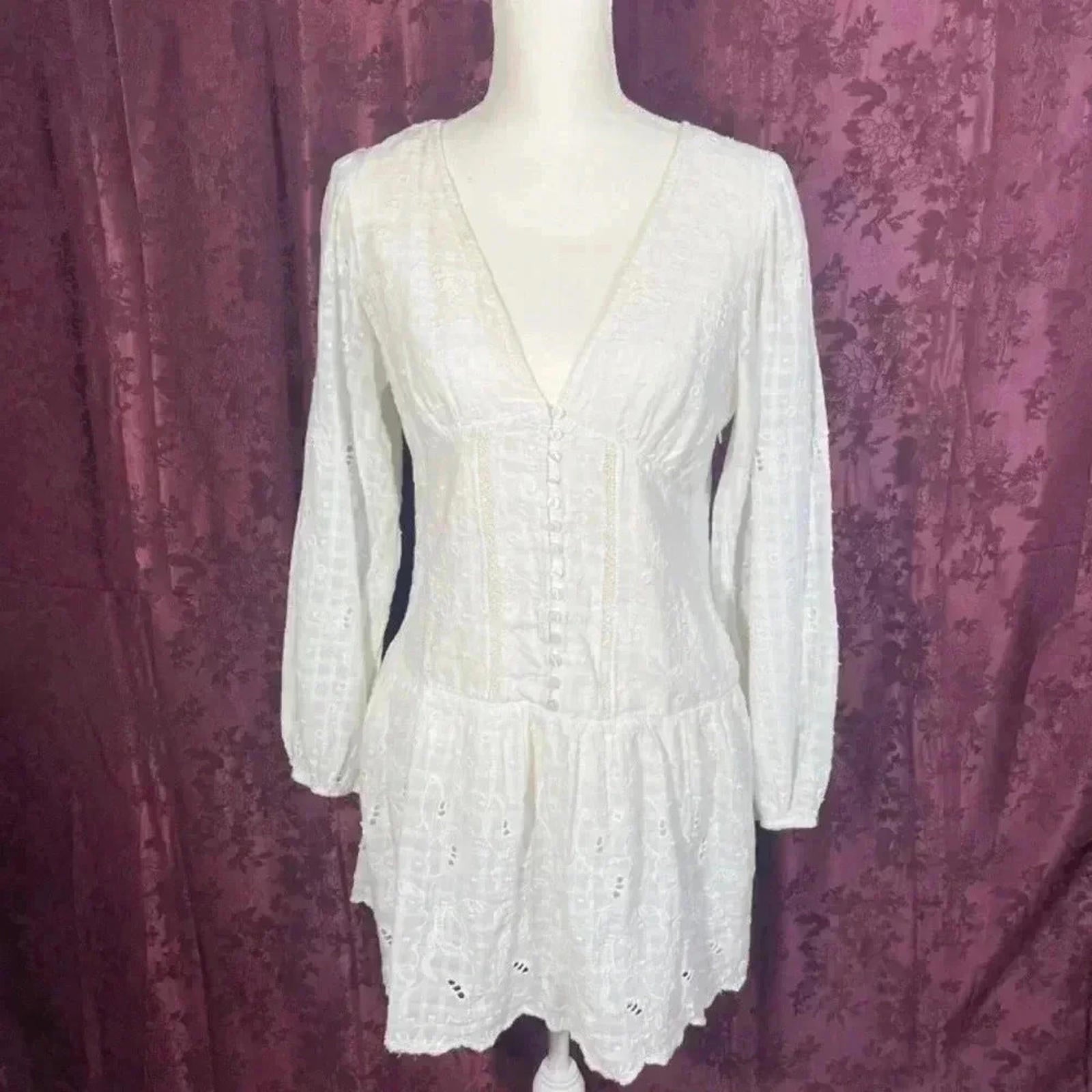 Zara White Eyelet Dress Button Up Embroidered Women's Size M