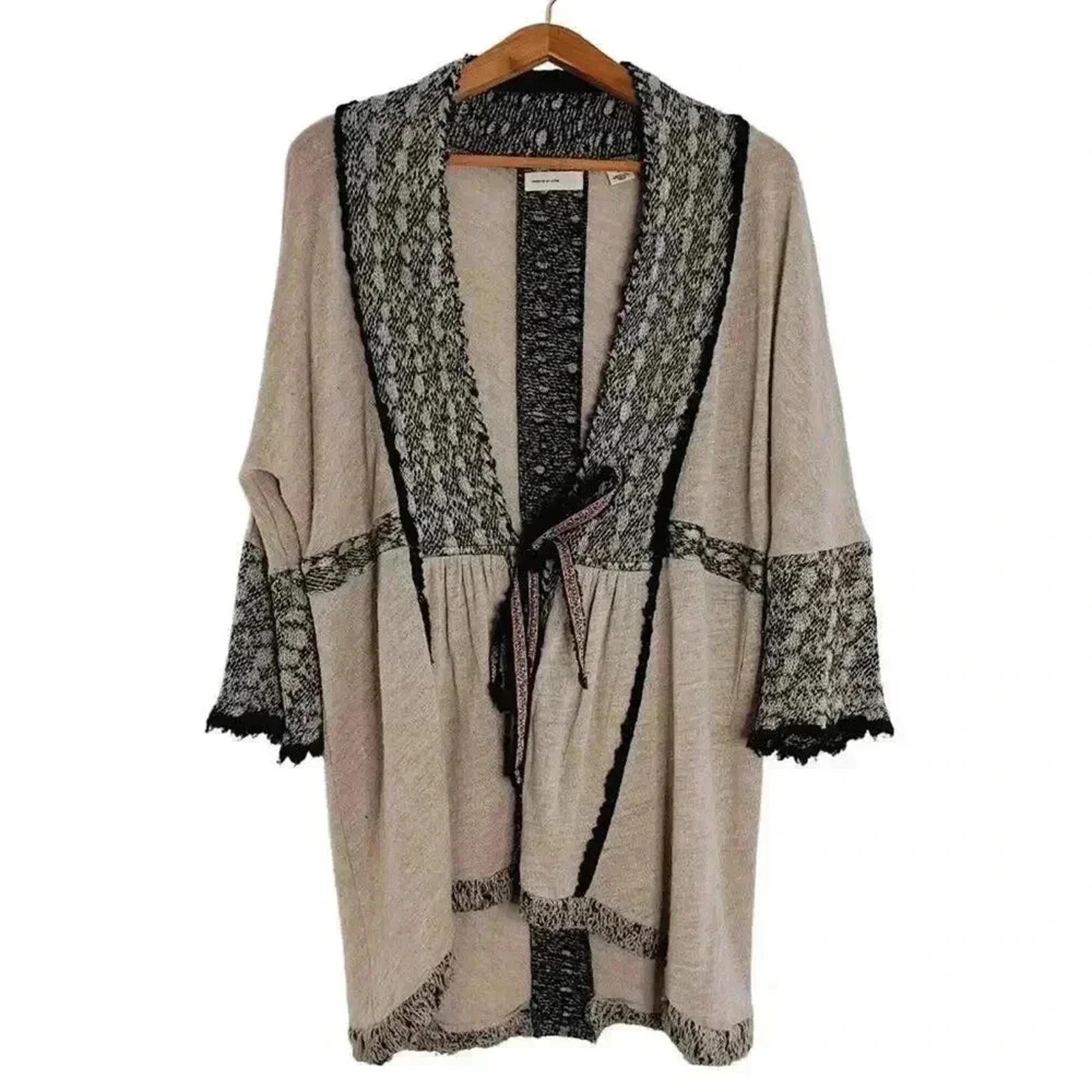 Anthropologie Sleeping on Snow Oatmeal Black Embroidered Knit Cardigan Size S