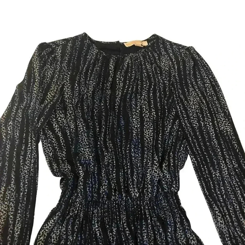 Michael Kors Navy Blue and White Striped Long Sleeve Chiffon Dress Size M