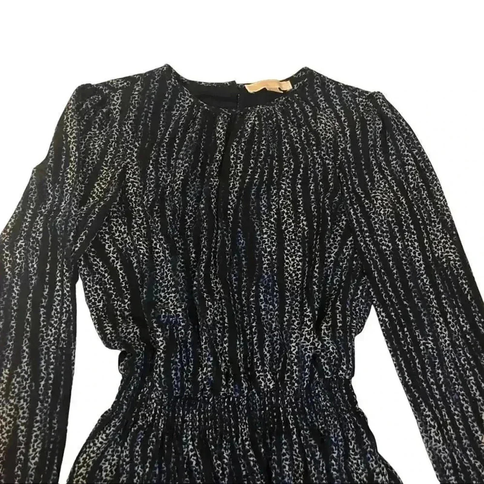 Michael Kors Navy Blue and White Striped Long Sleeve Chiffon Dress Size M