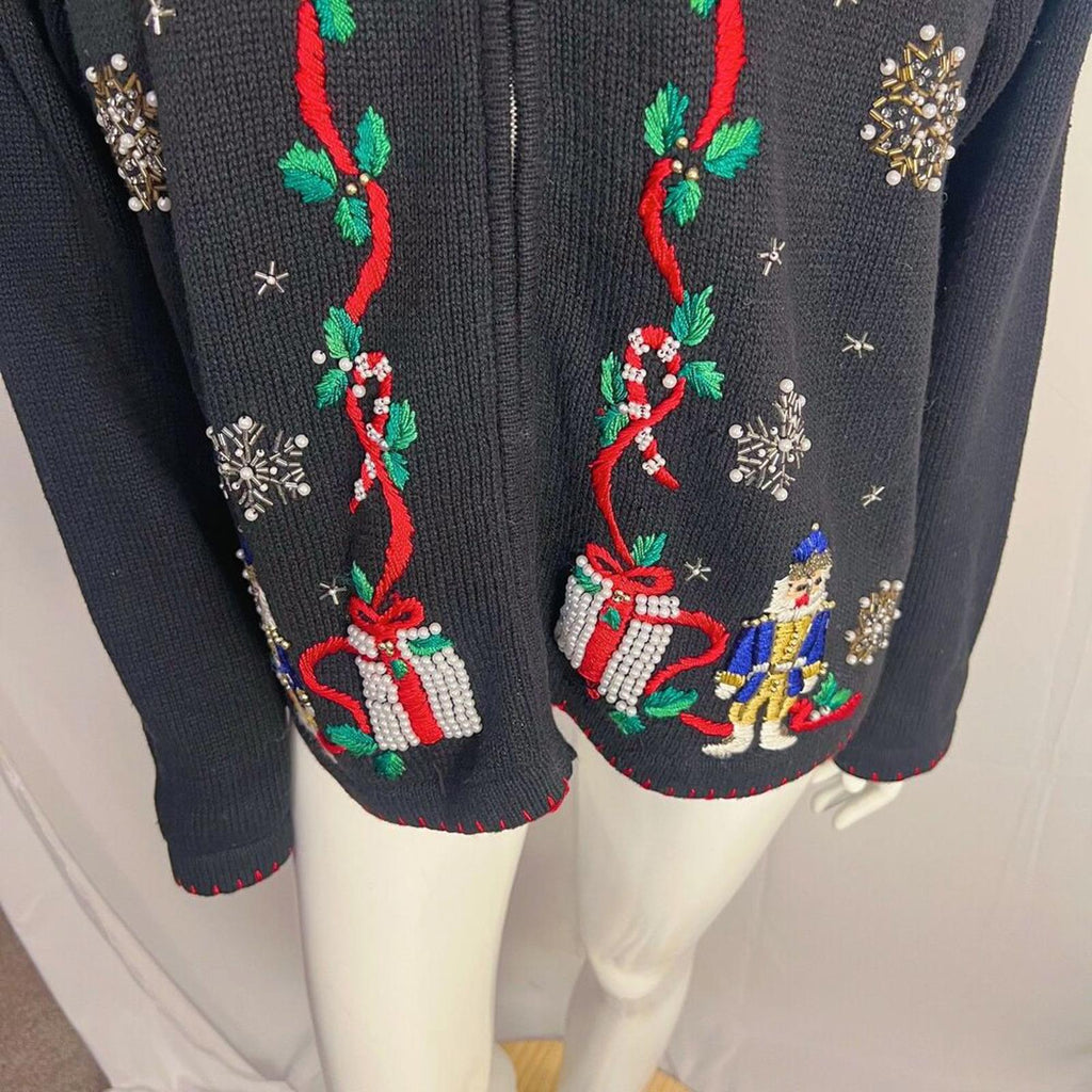 Vintage Christmas Sweater Beaded Embroidered Nutcracker Ugly Sweater Size XL
