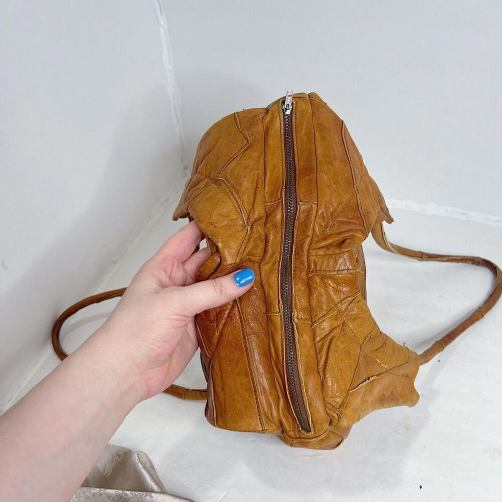 Vintage 70s Brown Leather Patchwork Boho Hippie Festival Shoulder Bag Hobo Bag