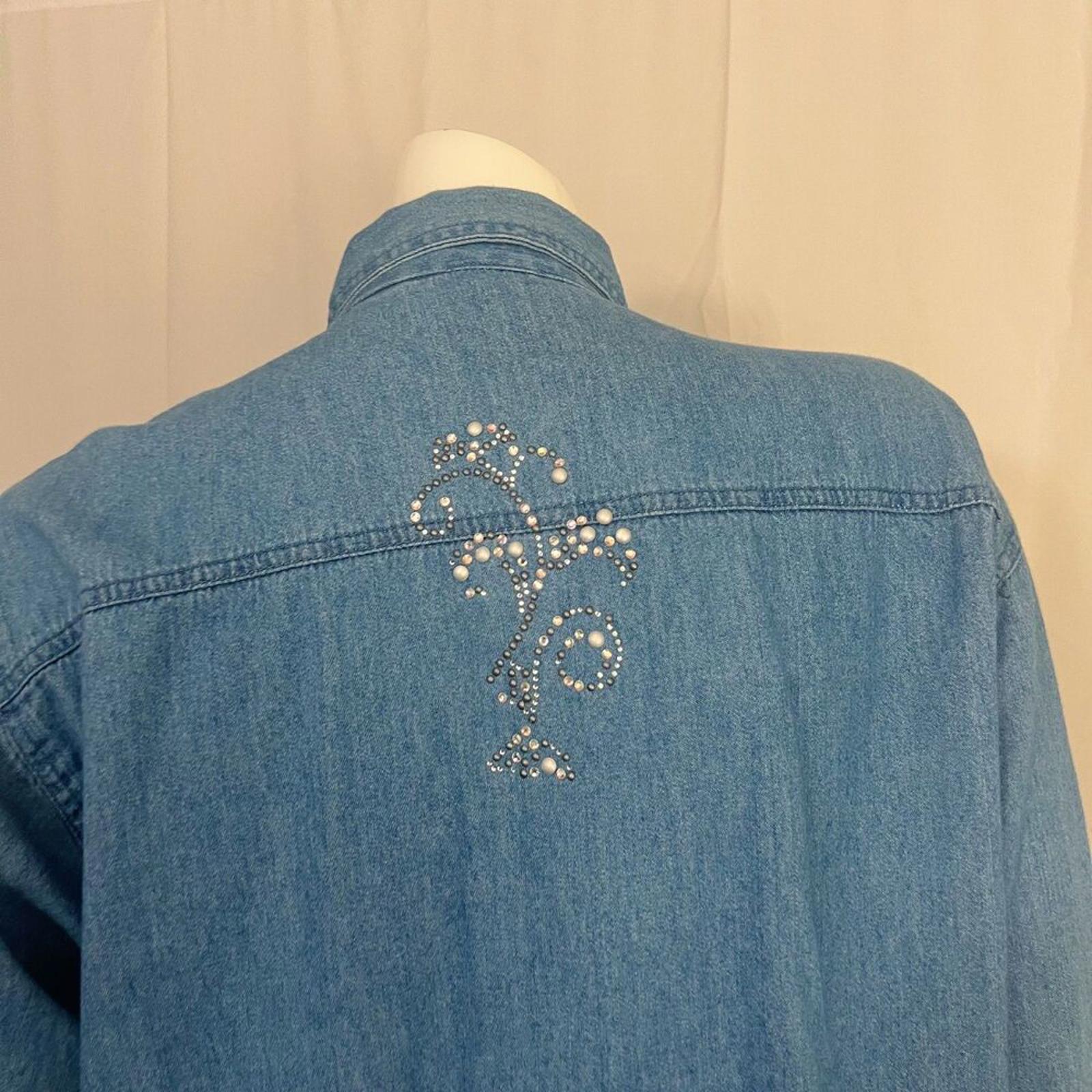 Vintage La Sha Denim Button Up Shirt Rhinestones Western Country Women's Size L