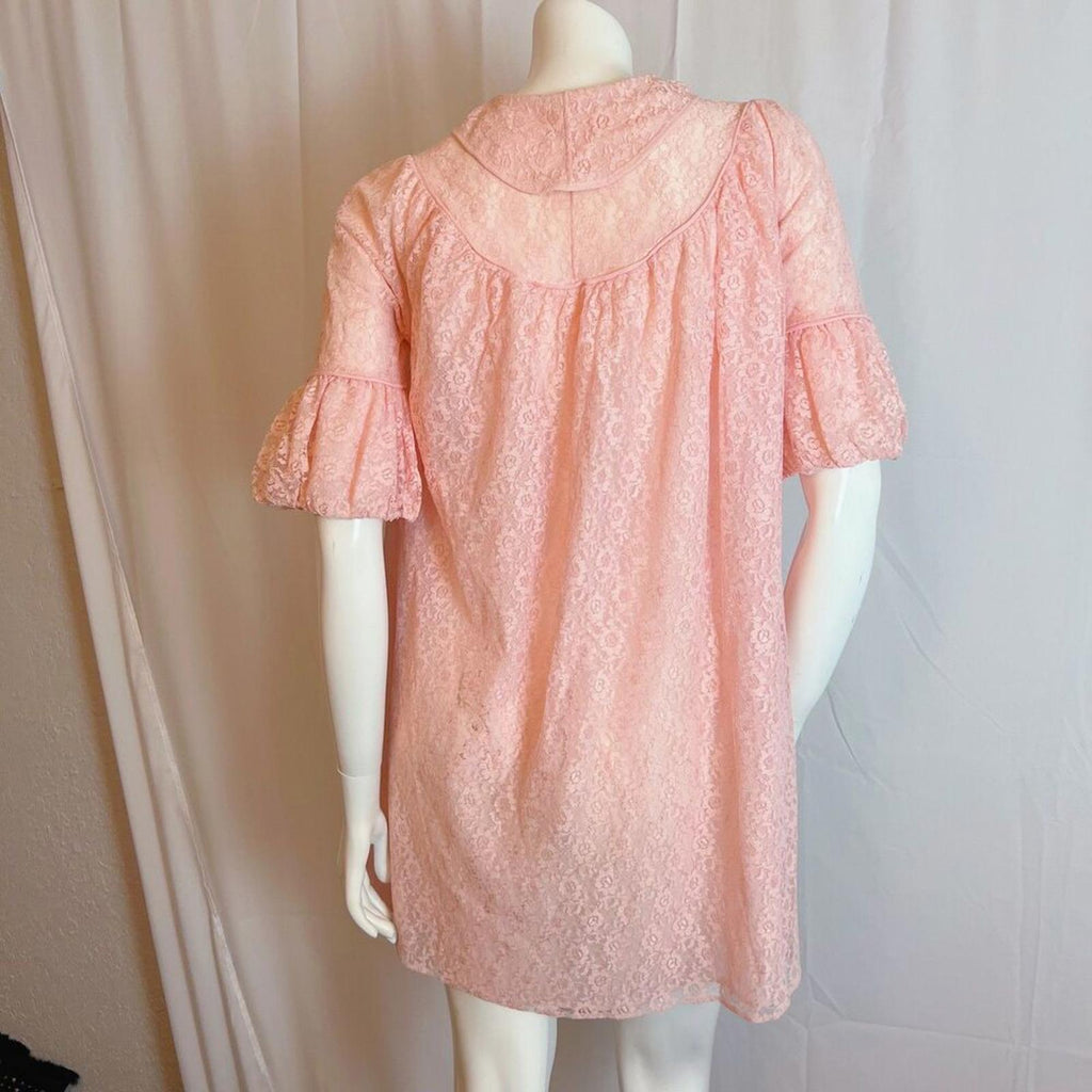 Vintage 1960s Pink Lace Duster Robe Peter Pan Collar Coquette Bows