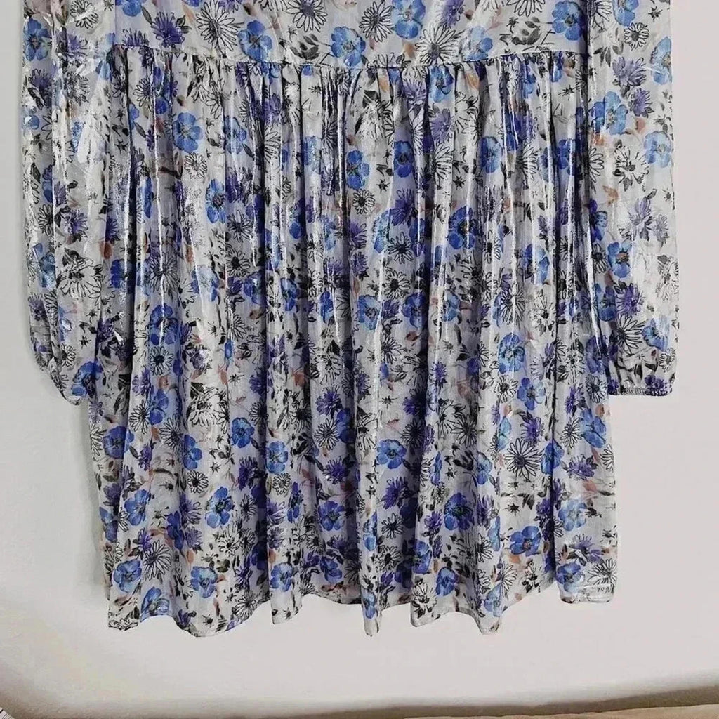 NWOT Forever 21 Purple Floral Metallic Babydoll Dress Women's Size L