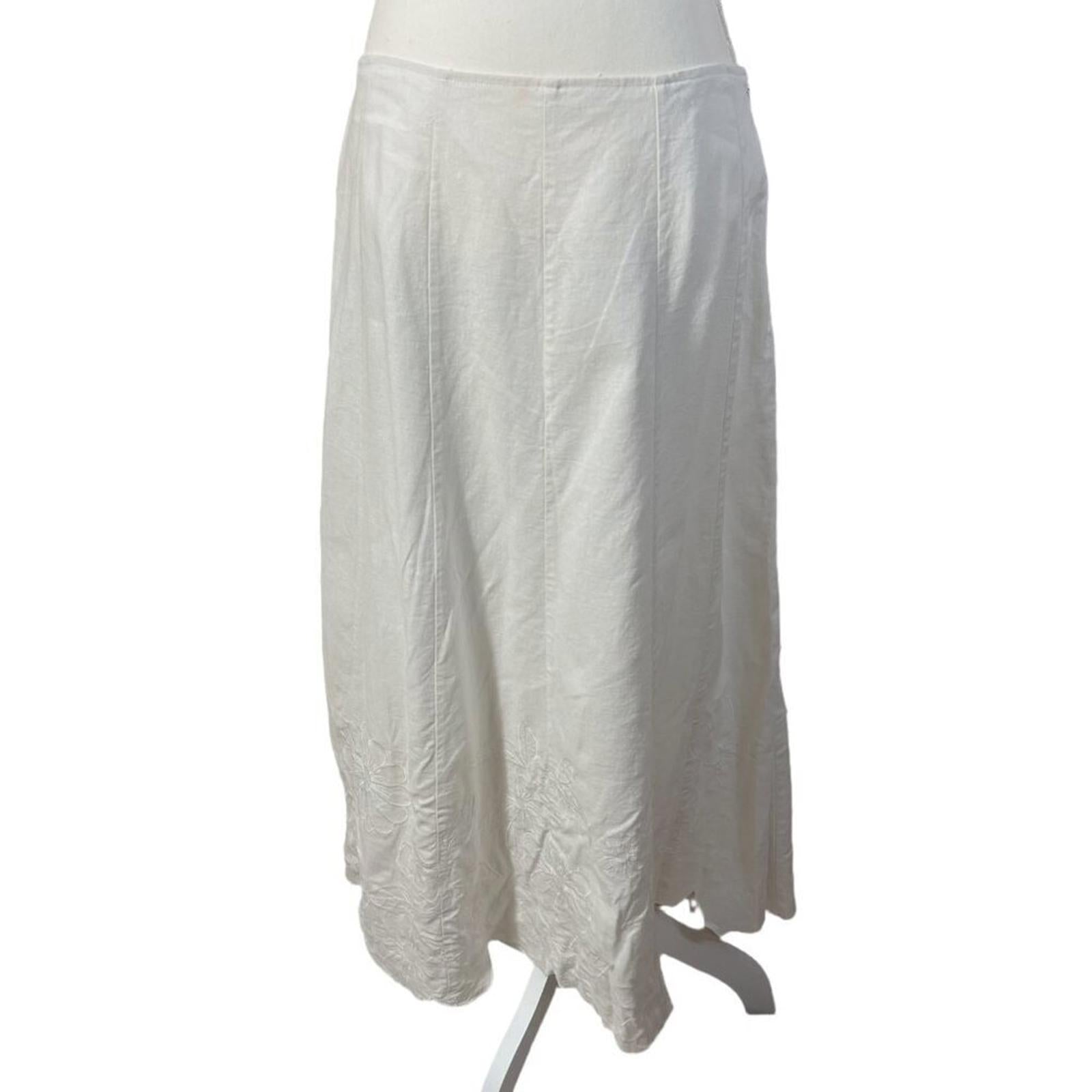 y2k Vintage White Linen Floral Embroidered Maxi Skirt Women's Size 8