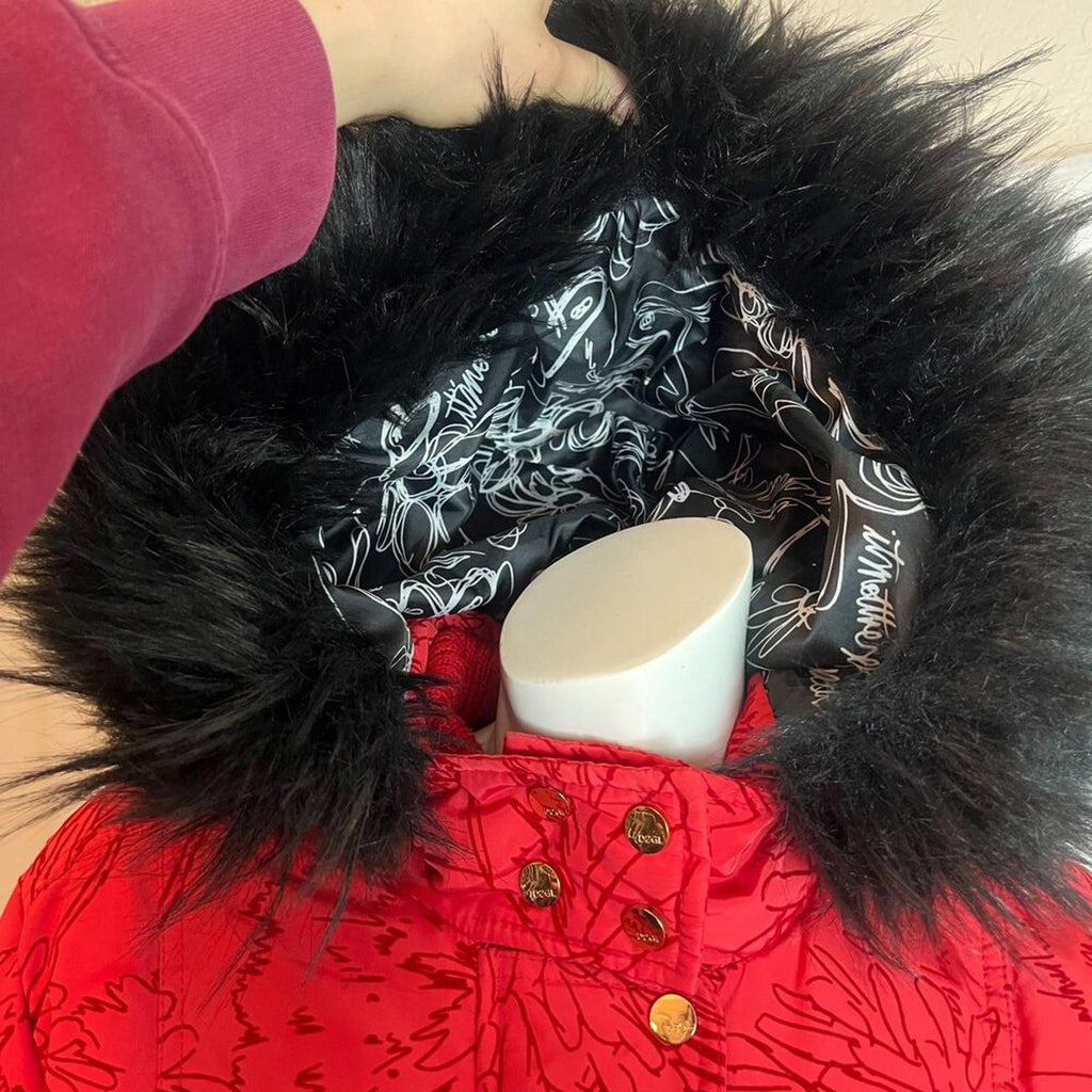 Desigual Women's Coat Marlene Borgona Red Faux Fur Hood Puffer Jacket Size 8 US