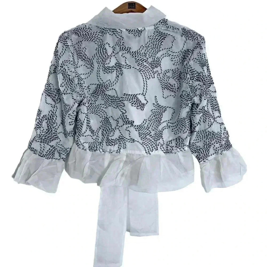 Samuel Dong Silk Black and White Embroidered Abstract Design Blouse Size M