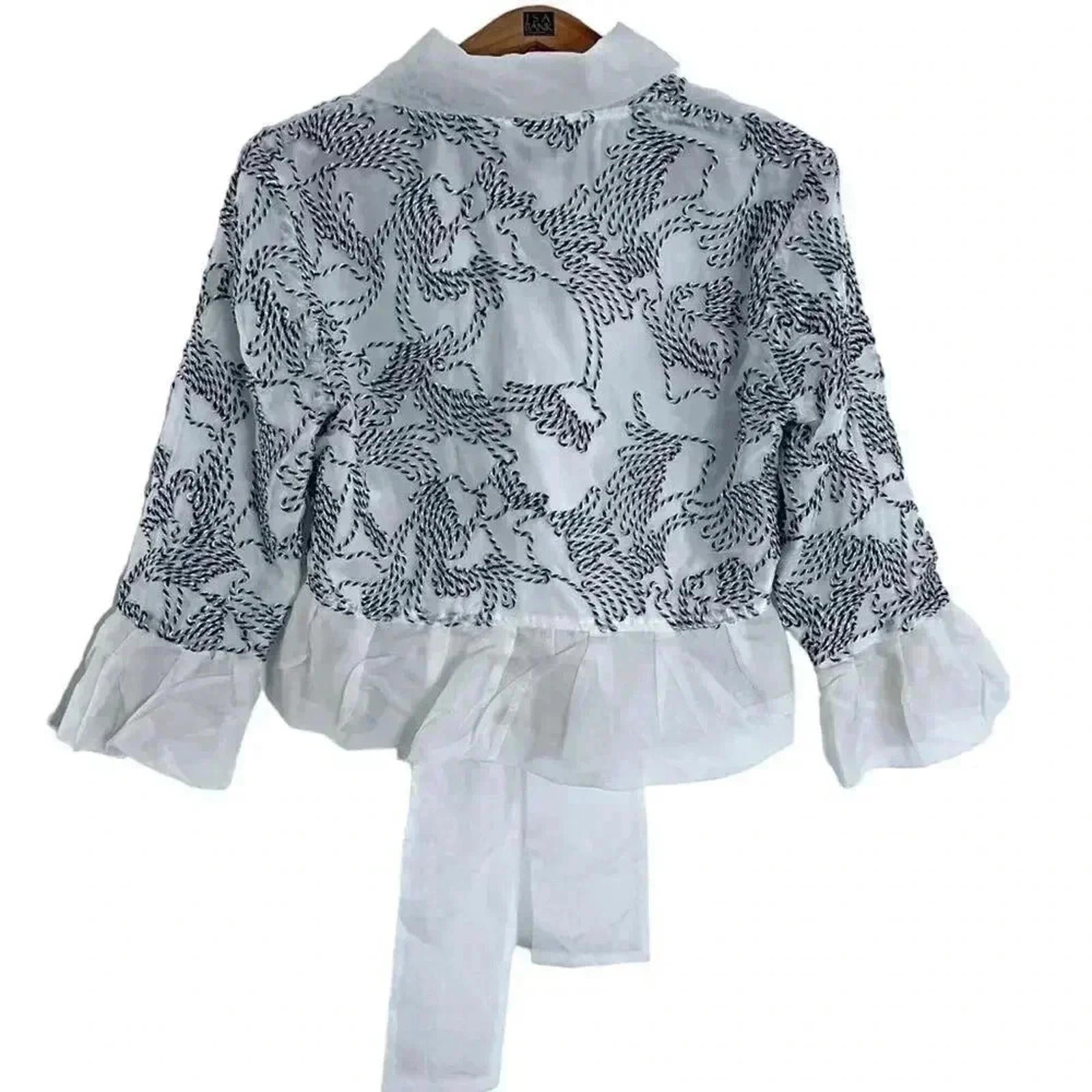 Samuel Dong Silk Black and White Embroidered Abstract Design Blouse Size M