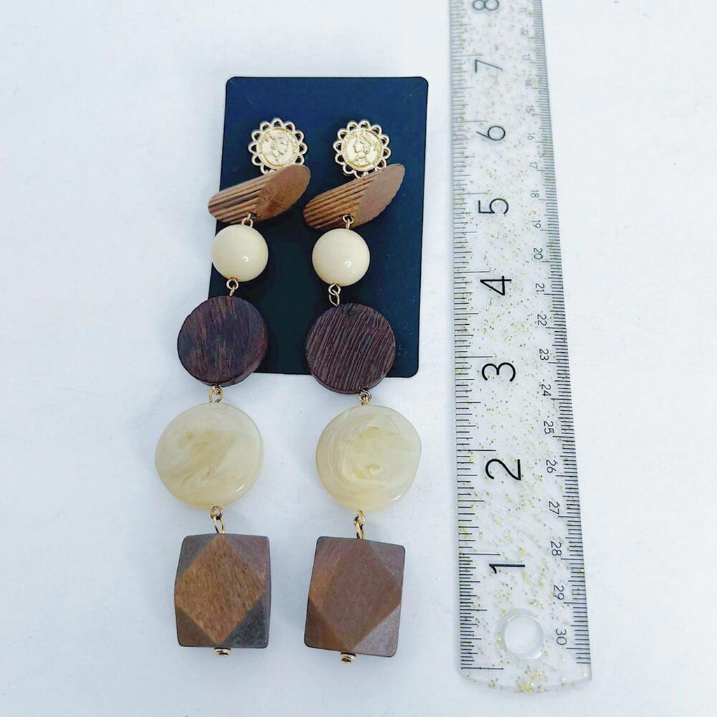 Natural Wood Statement Earrings Geometric Block Dangling Boho
