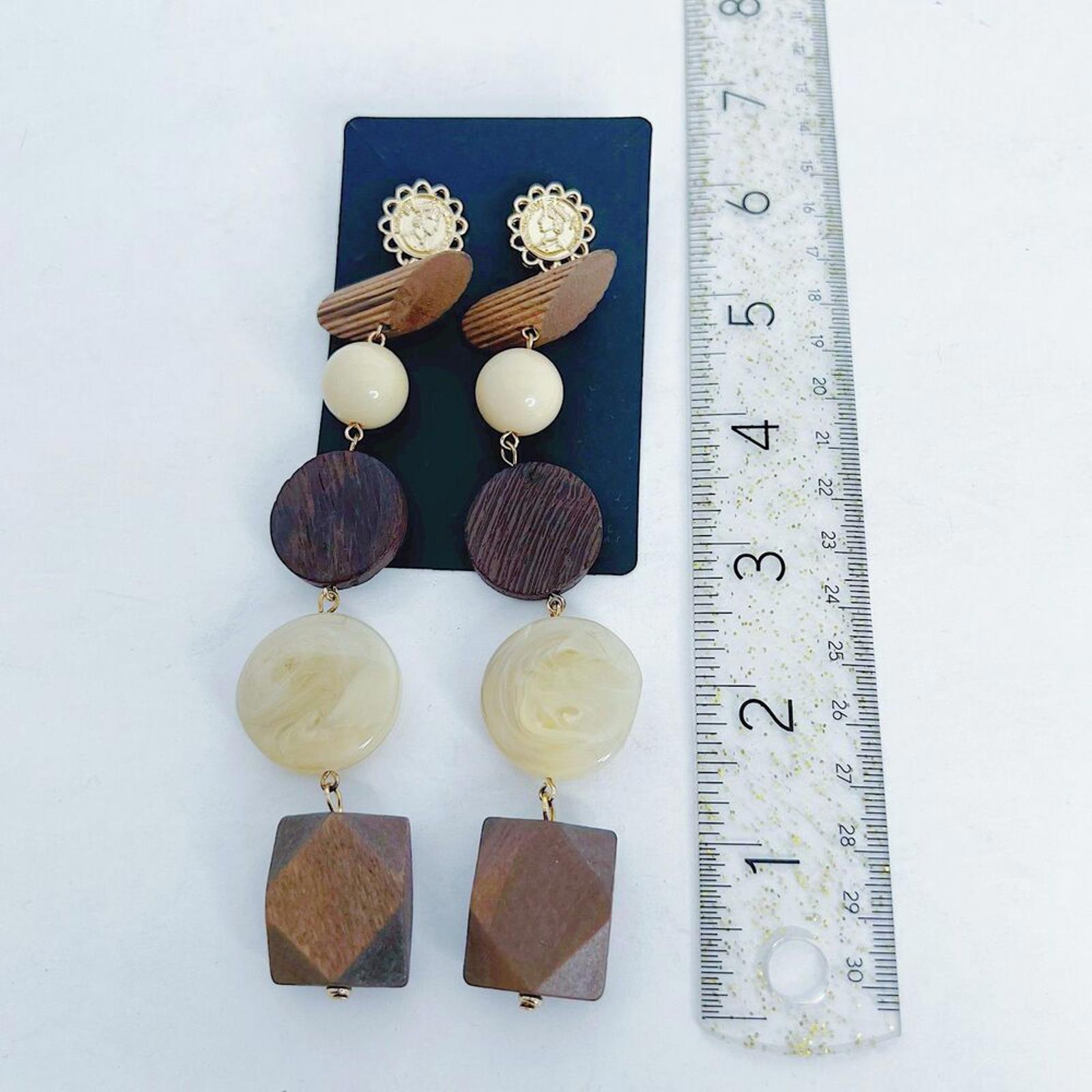 Natural Wood Statement Earrings Geometric Block Dangling Boho