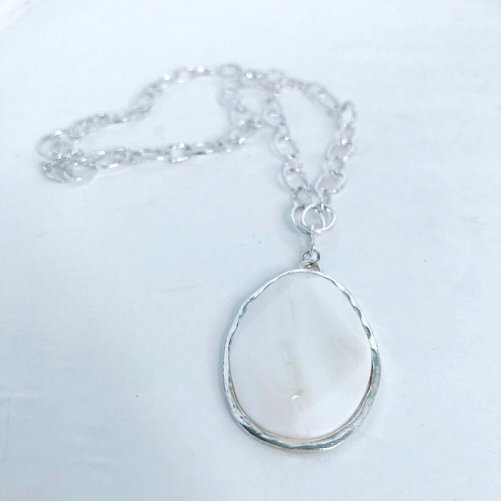 Vintage White Stone Pendant Mother of Pearl Teardrop Silver Chain Necklace