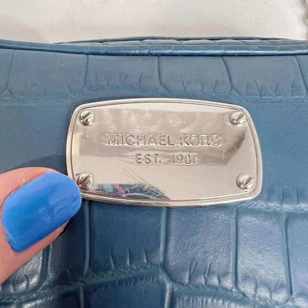 Michael Kors Blue Crocodile Embossed Leather Silver Chain Crossbody Bag Purse