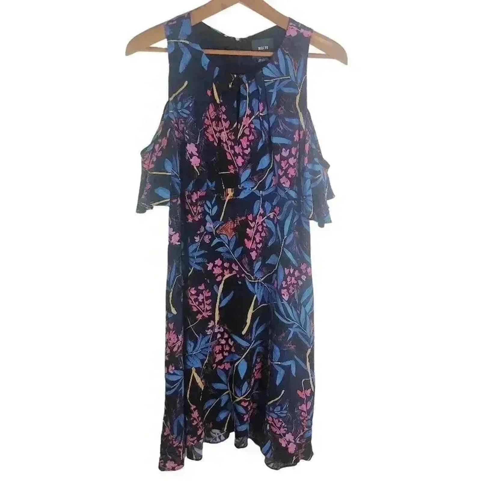 Anthropologie Maeve Cold Shouldered Navy Blue Pink Floral Dress Women's Size 6