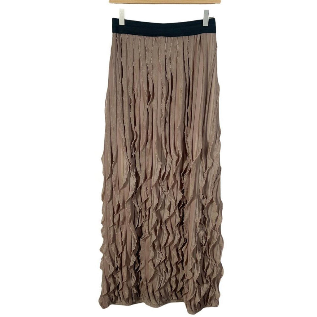 Vintage Tan Ruffle Maxi Skirt Wrinkled Pleated Skirt Women's Size M