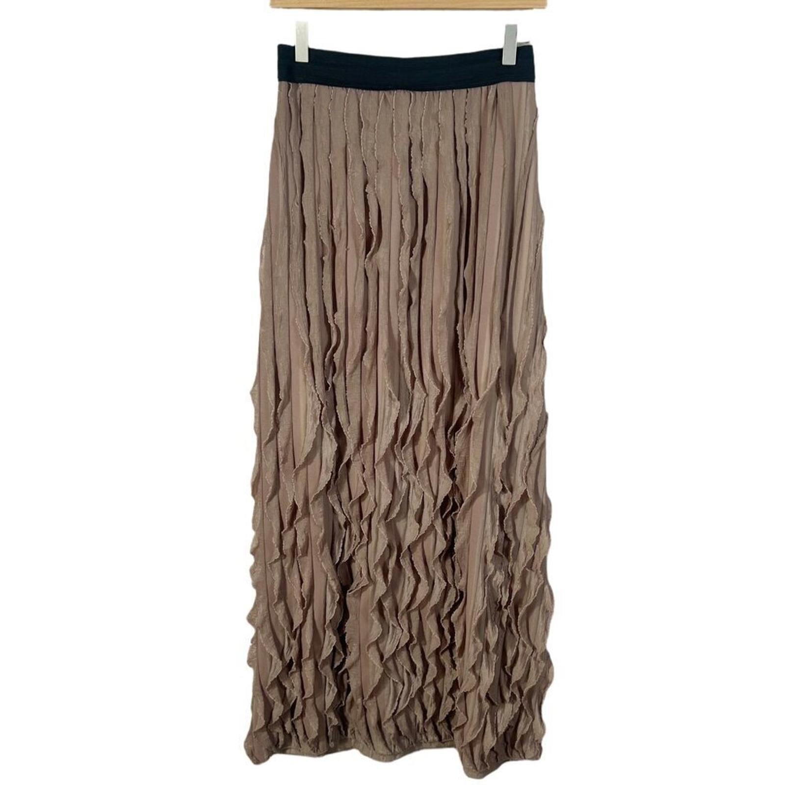 Vintage Tan Ruffle Maxi Skirt Wrinkled Pleated Skirt Women's Size M