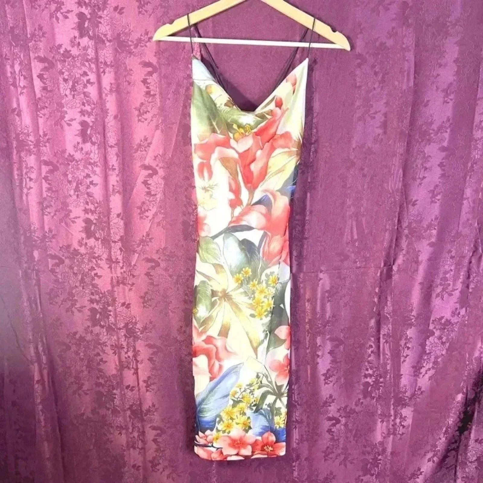 y2k Vintage A'Gaci Tropical Floral Cowl Neck Bodycon Dress Mesh Size S