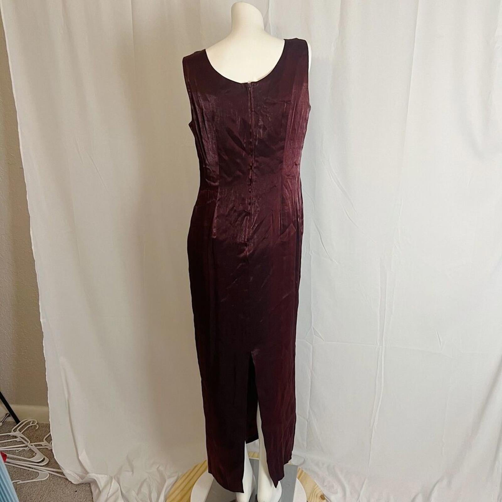 90s Vintage Karen Miller Dark Burgundy Satin Evening Gown Slip Dress Size 12