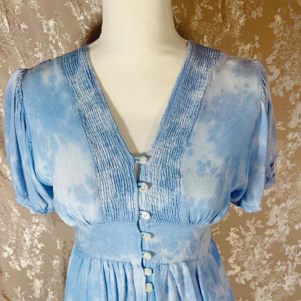 Aqua Blue Tie Dye High Low Button Up Peasant Dress Women's Size XS