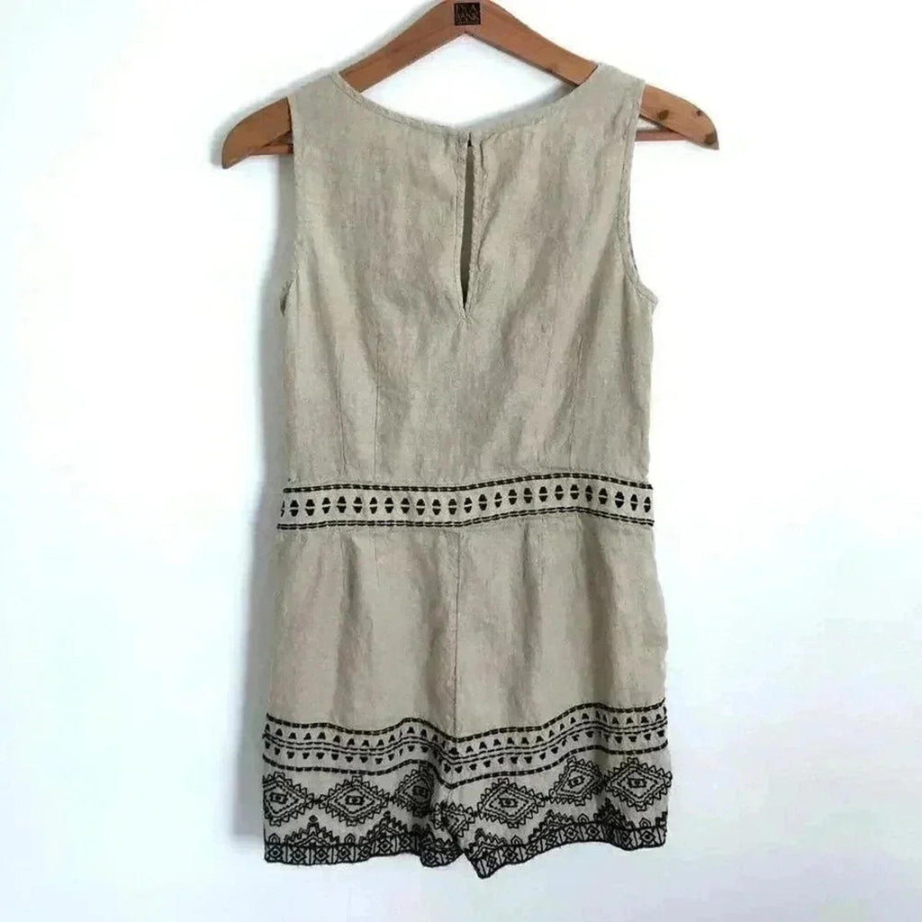 Ann Taylor LOFT Linen Oatmeal Black Embroidered Petite Romper Women's Size 4 P