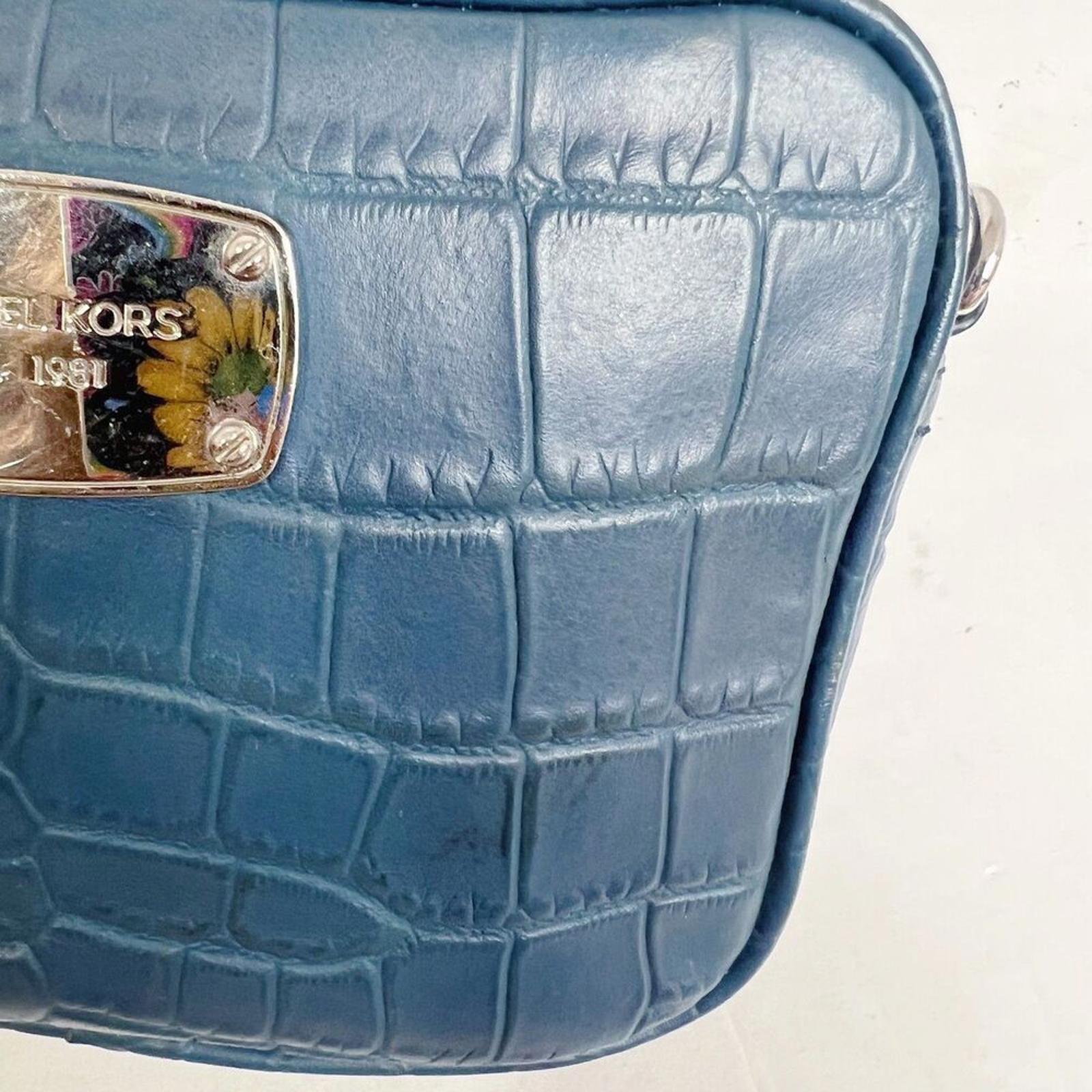 Michael Kors Blue Crocodile Embossed Leather Silver Chain Crossbody Bag Purse