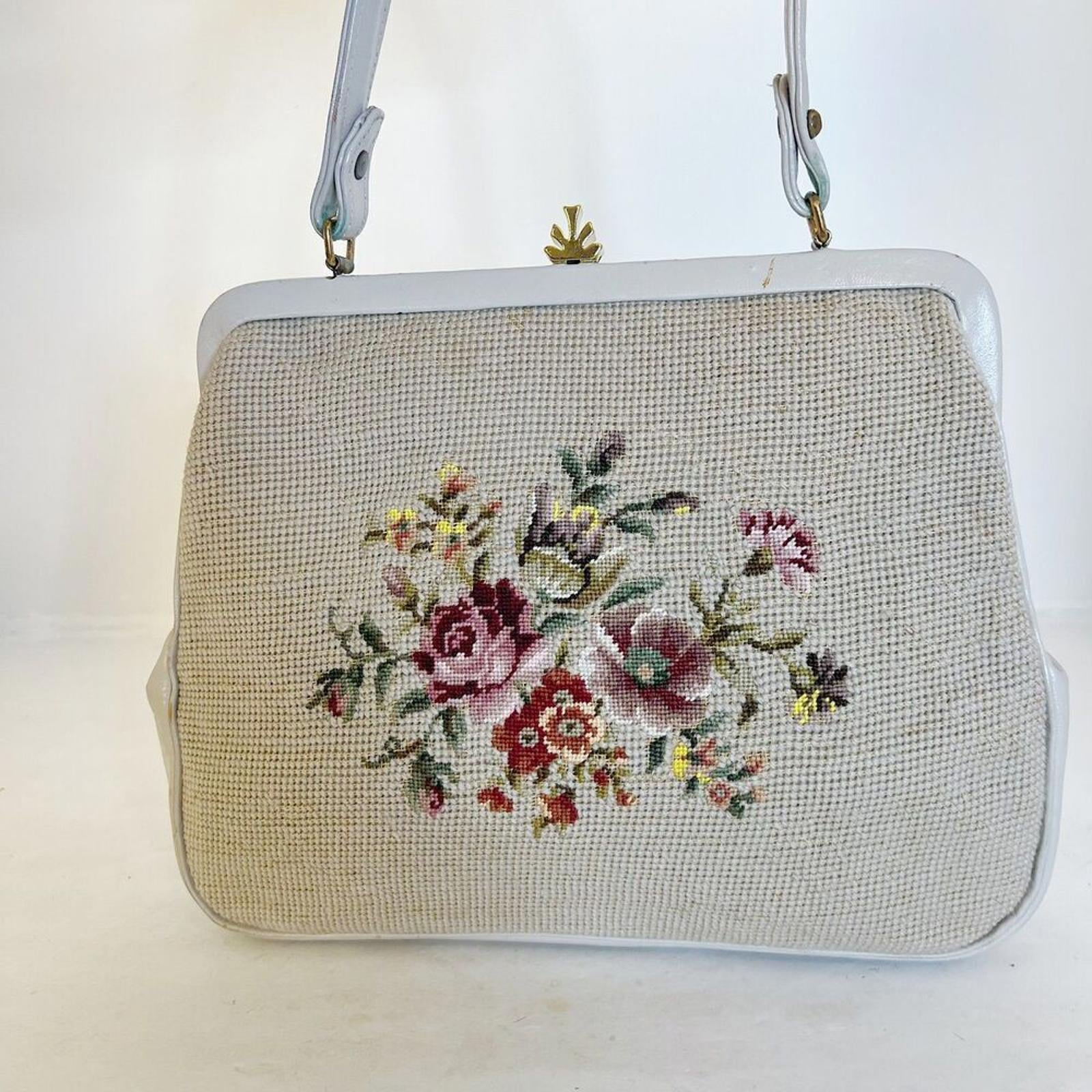 Vintage 1950s Floral Needlepoint Beige Handbag Shoulder Bag Purse