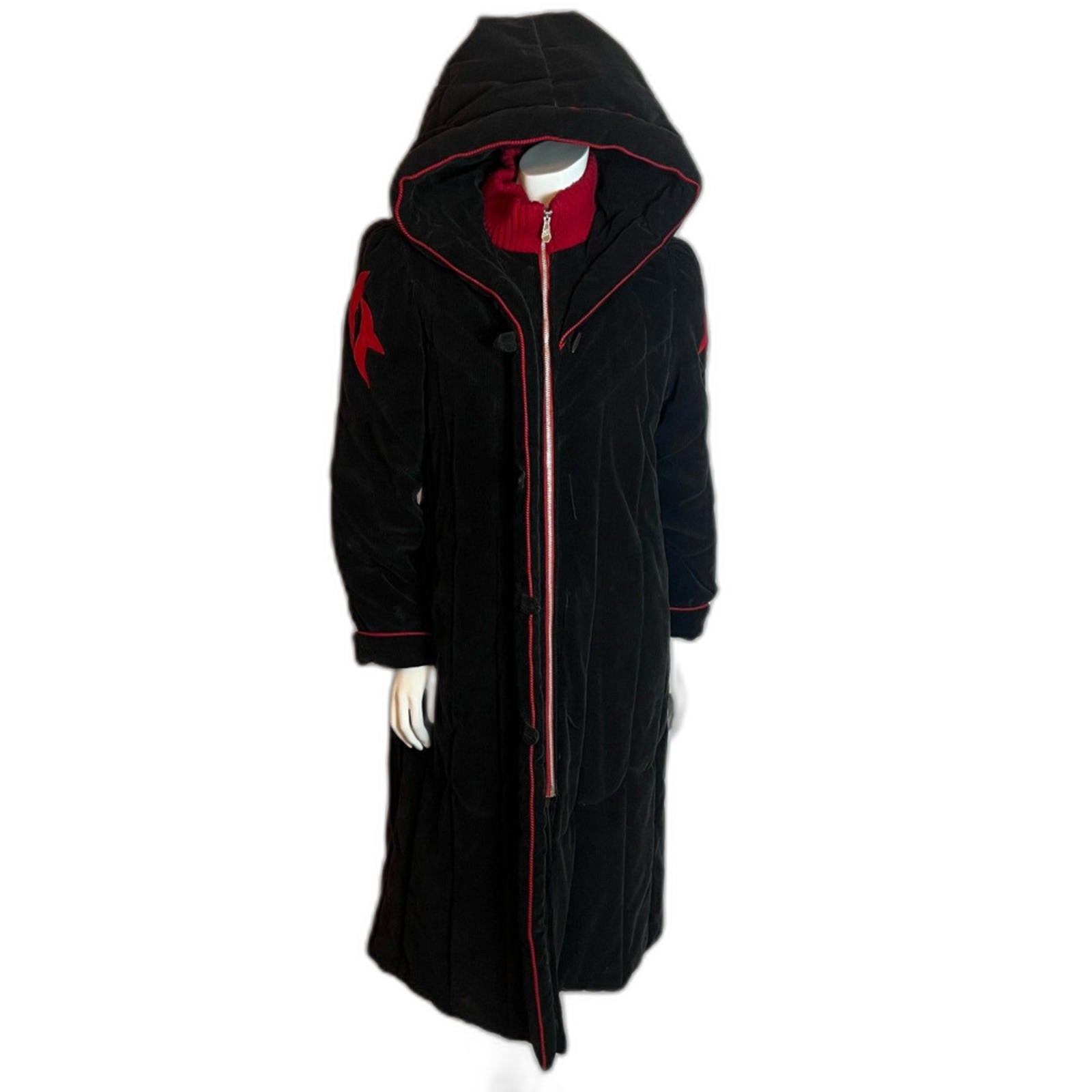 Vintage 1980s Dew-East Black and Red Corduroy Knee Length Jacket Goth Size M