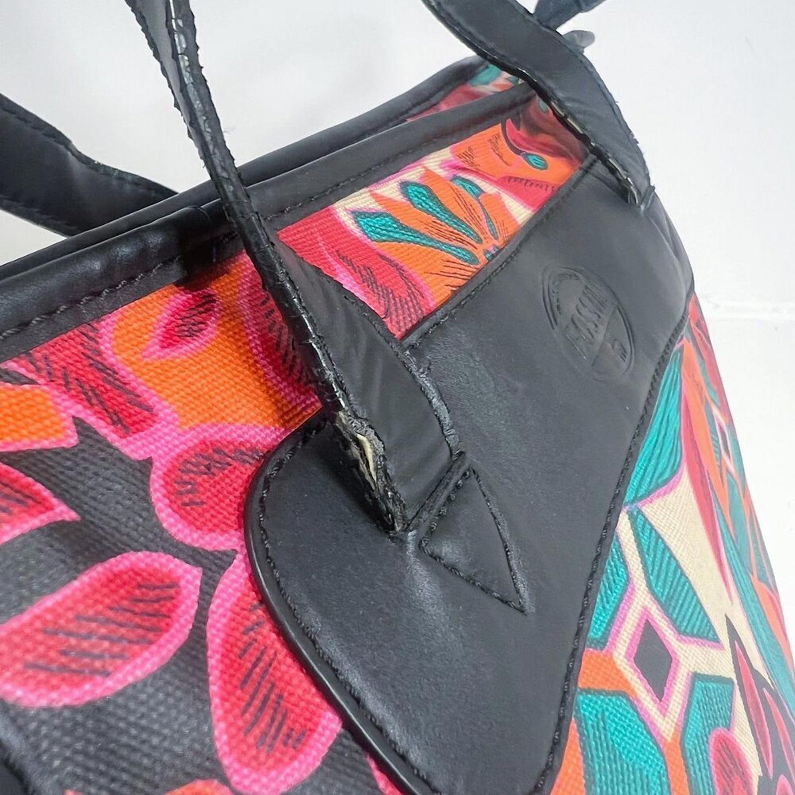 Fossil KeyPer Orange and Pink Flower Floral Tote Bag Black Leather Purse