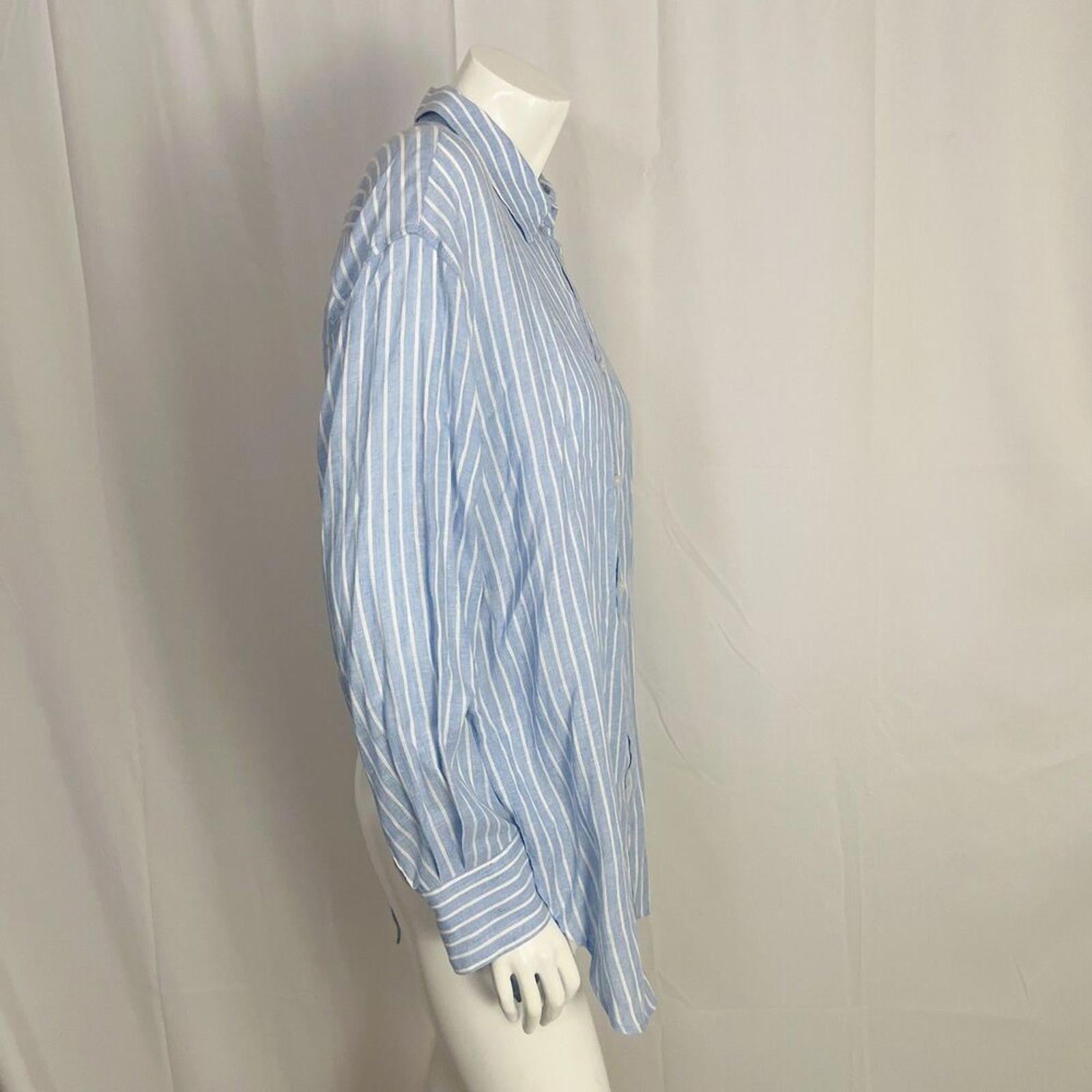 NWT Zara Linen Blend Blue White Striped Open Back Long Sleeve Button Up Size M