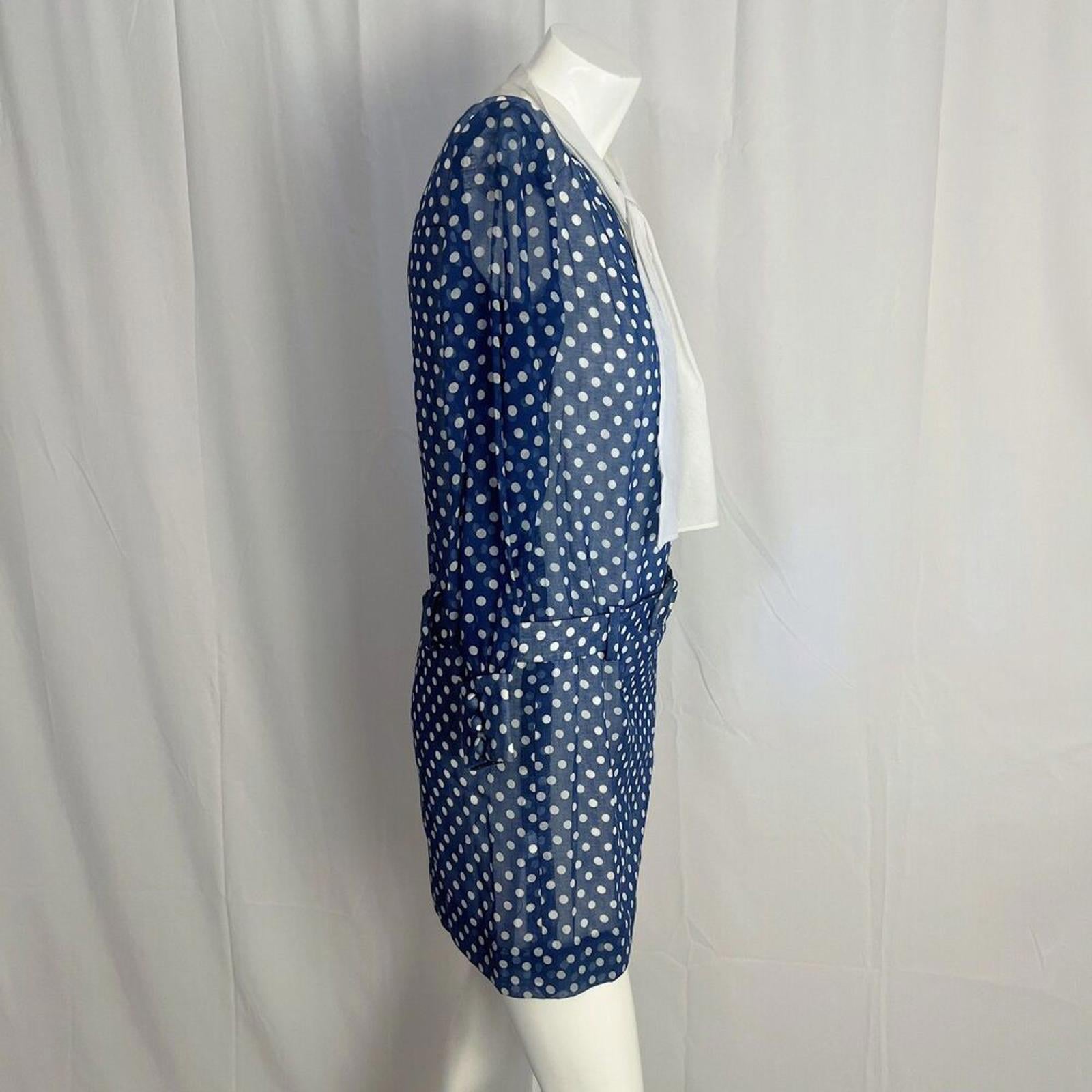 1970s Vintage Jonathan Logan Blue White Polka Dot Tied Collar Mod Size 7
