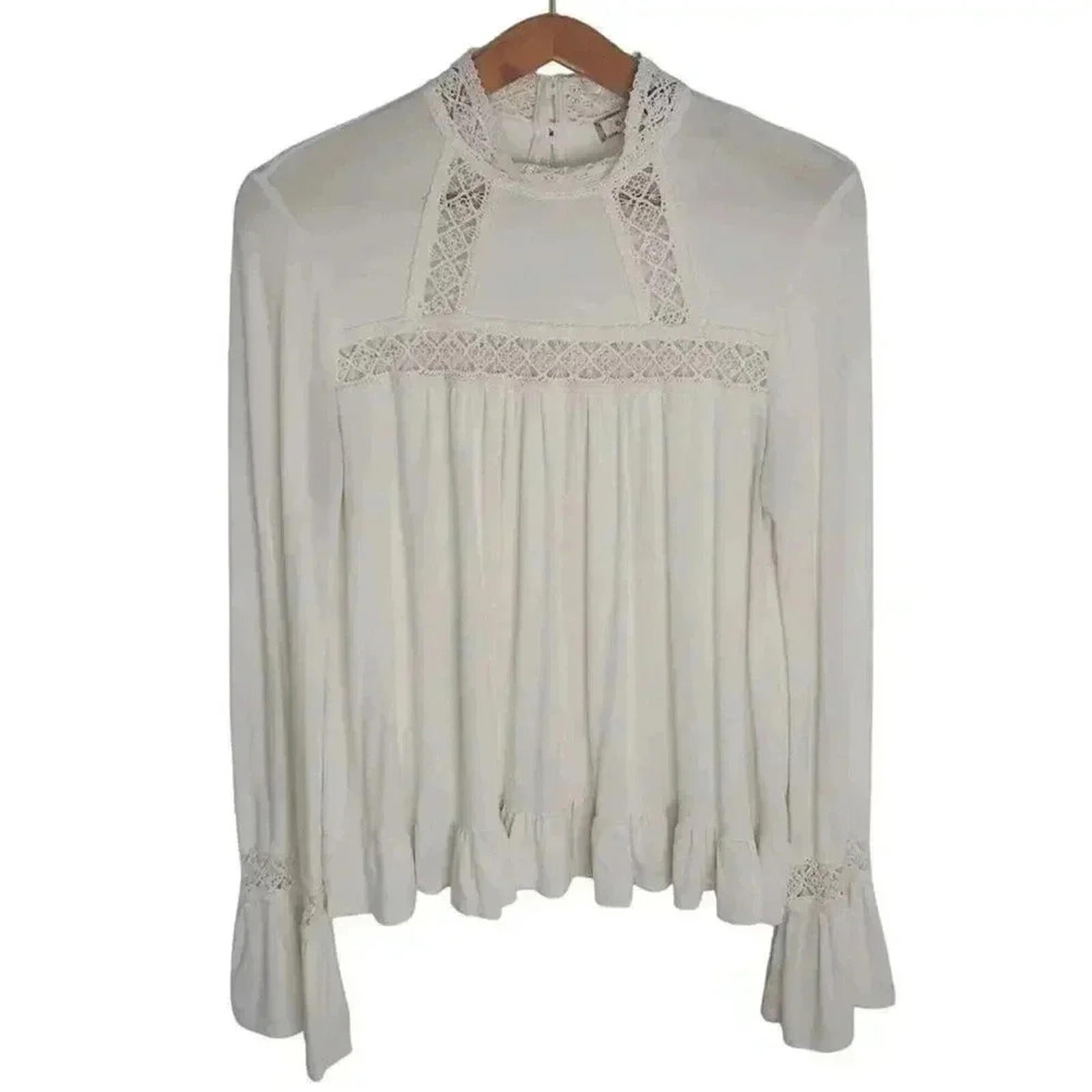 Eri + Ali White High Neck Flowy Peasant Blouse Lace Cottagecore Coquette Size M