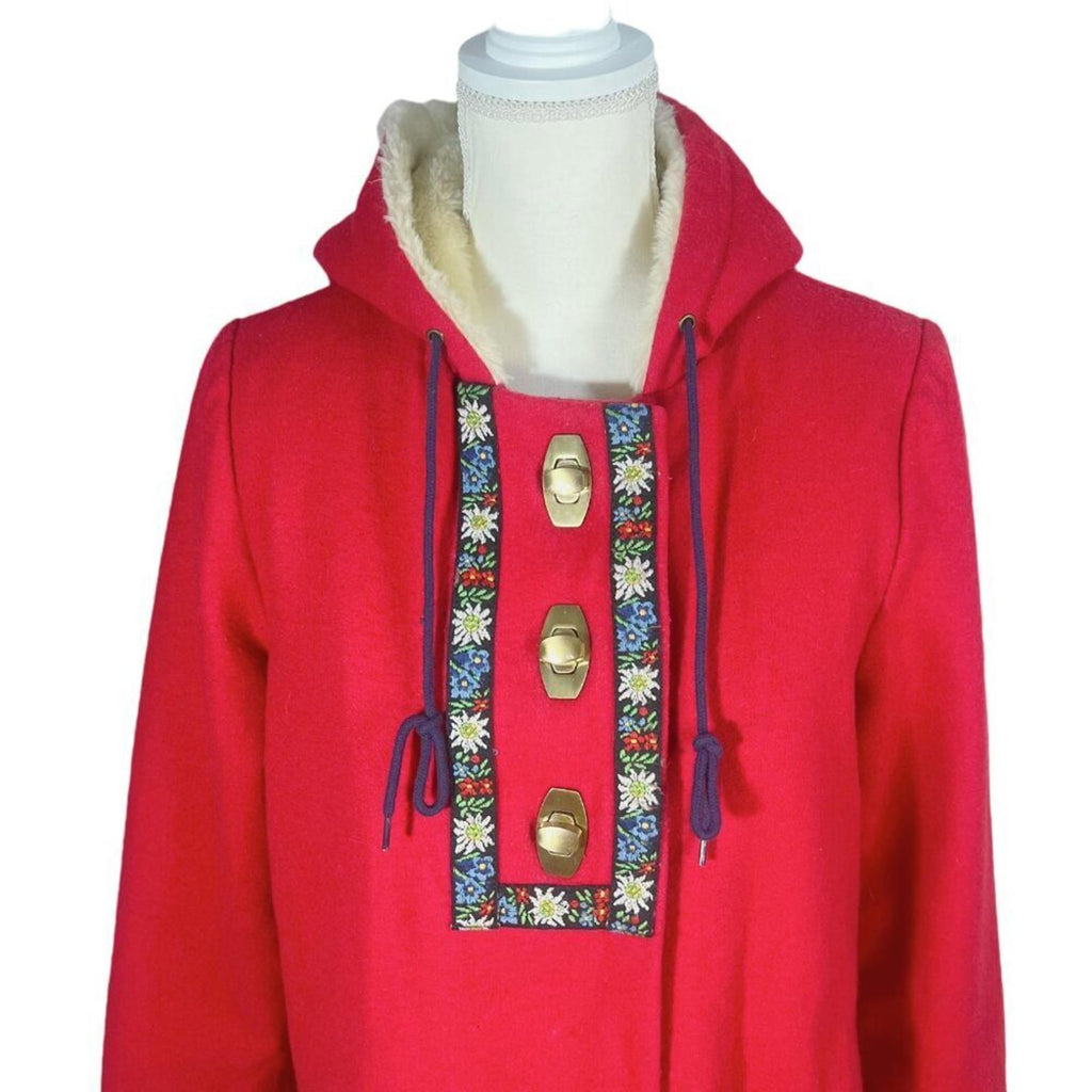 Anthropologie Kimchi & Blue Red Wool Fur Lined Floral Embroidered Jacket Size S
