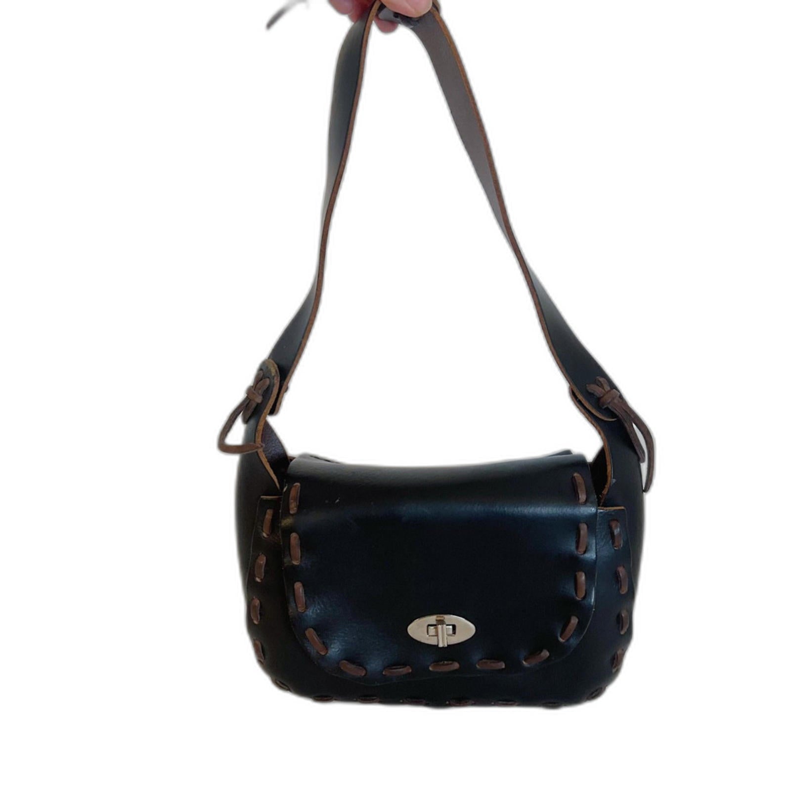 Handmade Vintage Black Leather Western Stitched Shoulder Bag