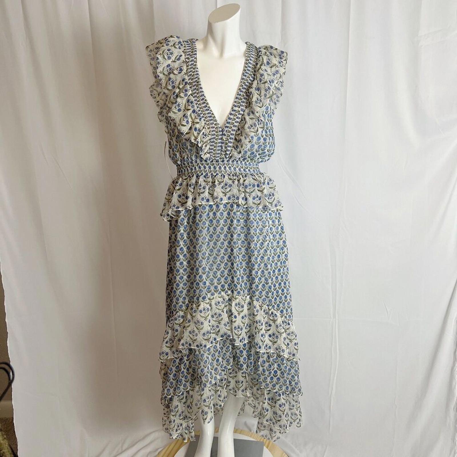 NWT Misa Los Angeles Ruffle Tiered Midi Dress Blue Floral Cottagecore Size S