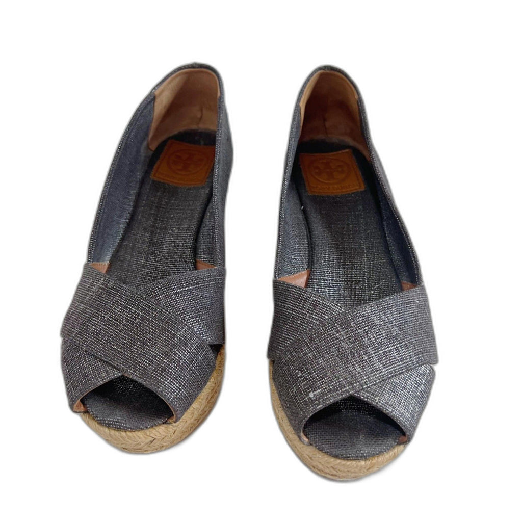 Tory Burch Filipa Canvas Pewter Grey Silver Wedge Espadrille Sandal Size 9