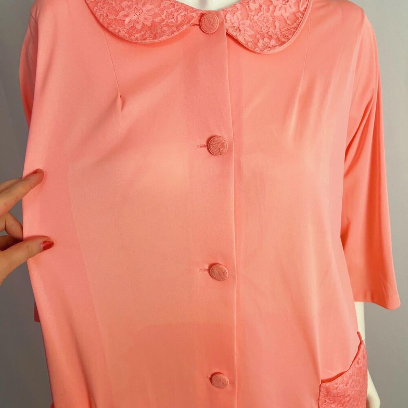 Vintage 1960s Shadowline Peach Pink Button Up Nightgown Peter Pan Collar Size M