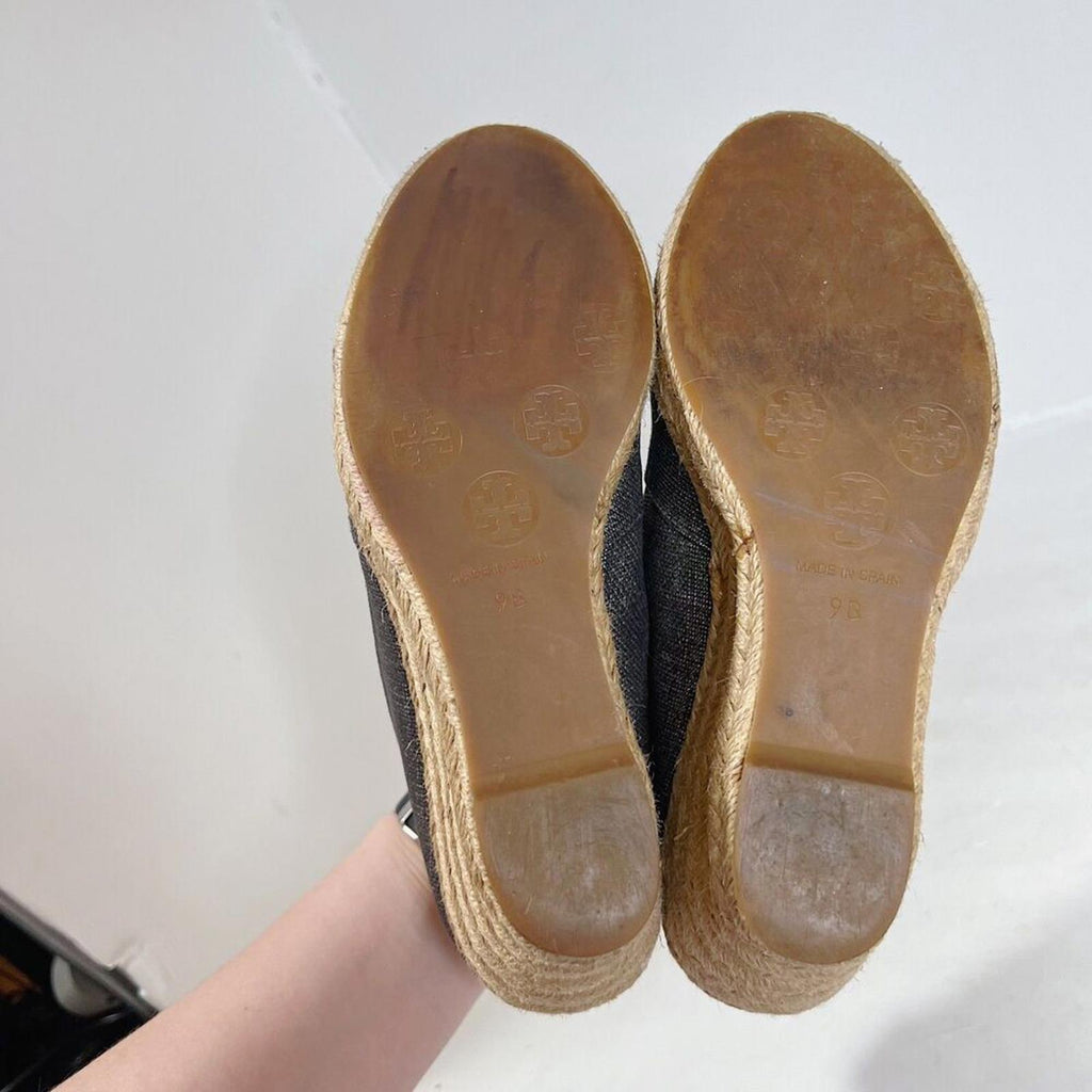 Tory Burch Filipa Canvas Pewter Grey Silver Wedge Espadrille Sandal Size 9
