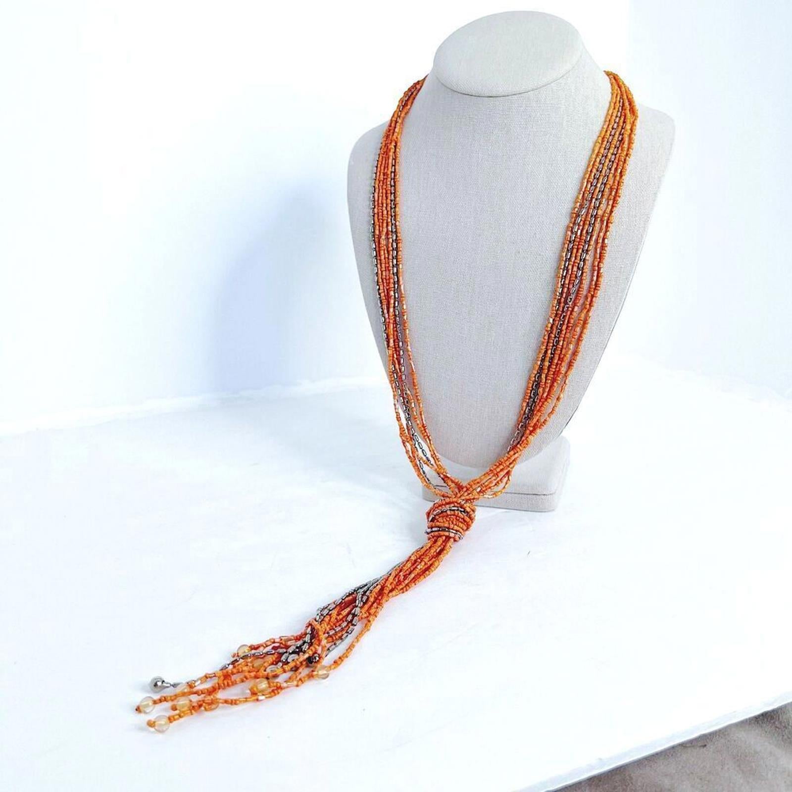 Vintage Orange Beaded Knotted Tassel Necklace Flapper Style Statement