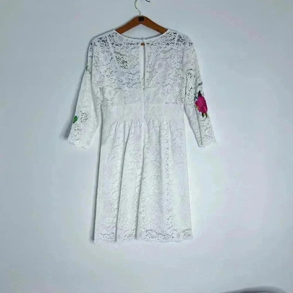 Anthropologie Tracy Reese White Lace Floral Embroidered Dress Women's Size 8