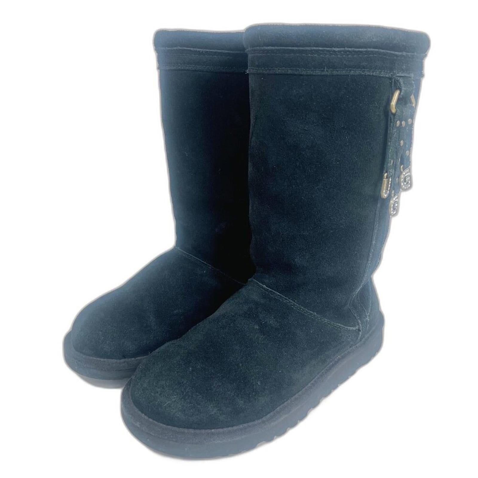 UGG Australia Larynn Black Shearling Boots Gold Rhinestone Charms Kids Size 4