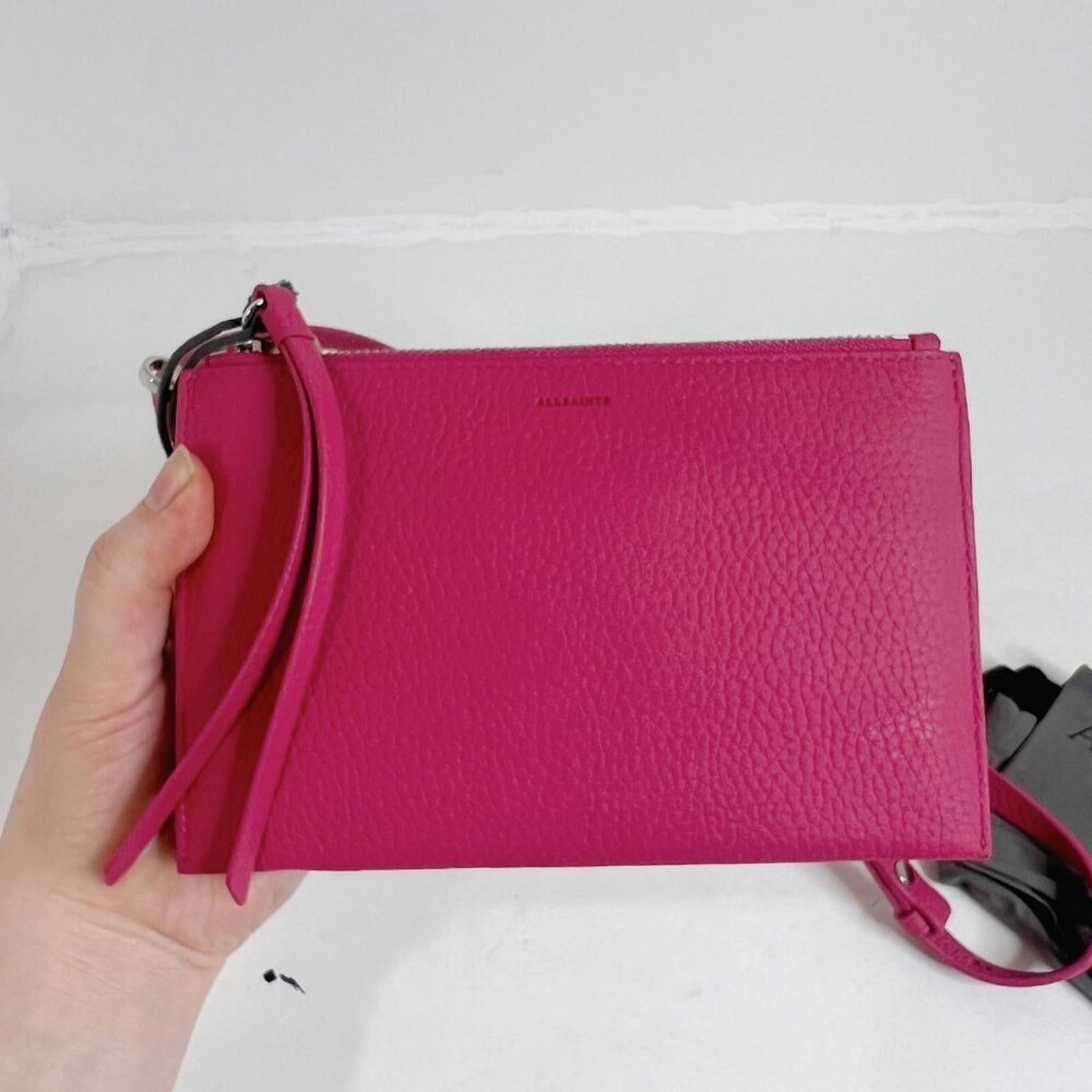 NWT AllSaints Fetch Pink Pebbled Leather Crossbody Wallet Chain Strap Bag