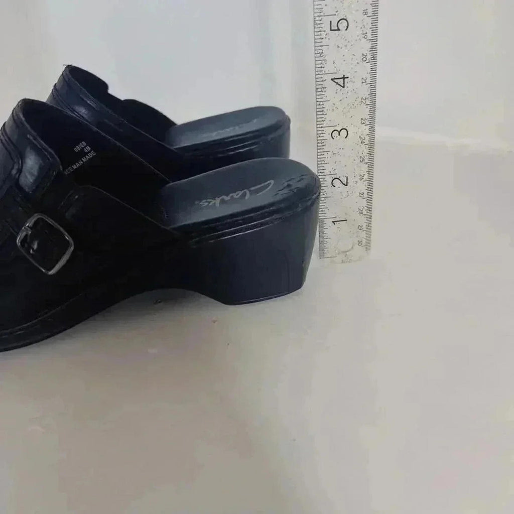 Clarks Black Leather Heeled Mules Clogs Silver Buckle Women's Size 9